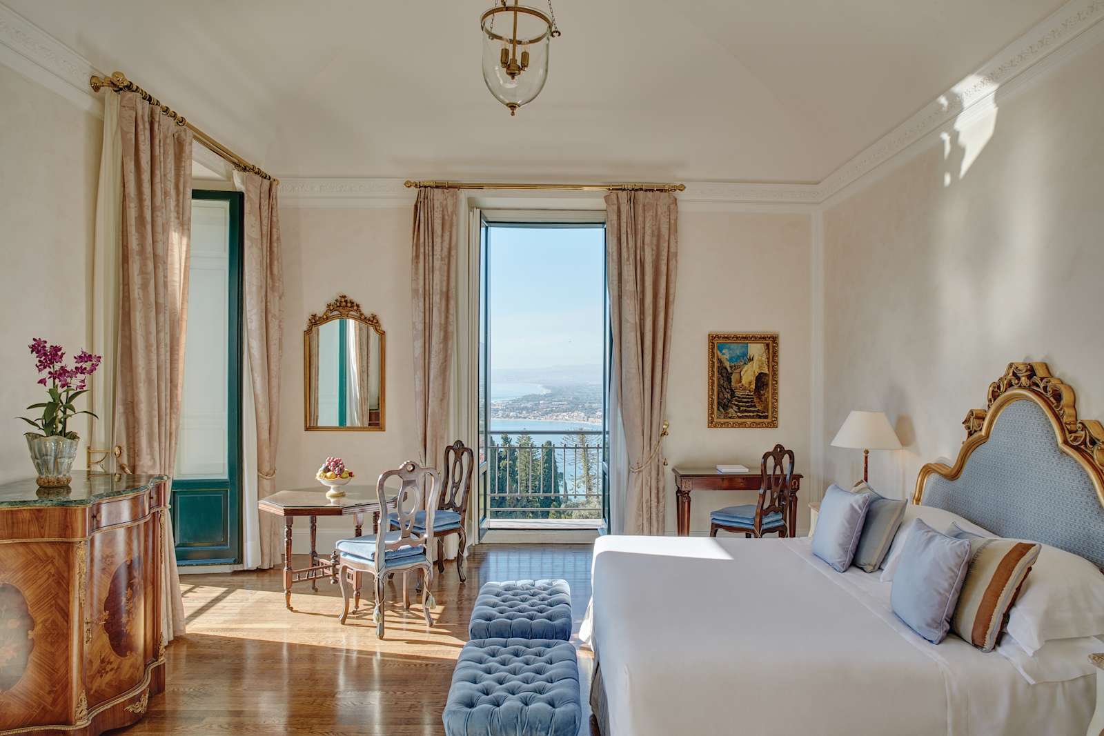 Grand Hotel Timeo suite interior with terrace-facing Sicilian light