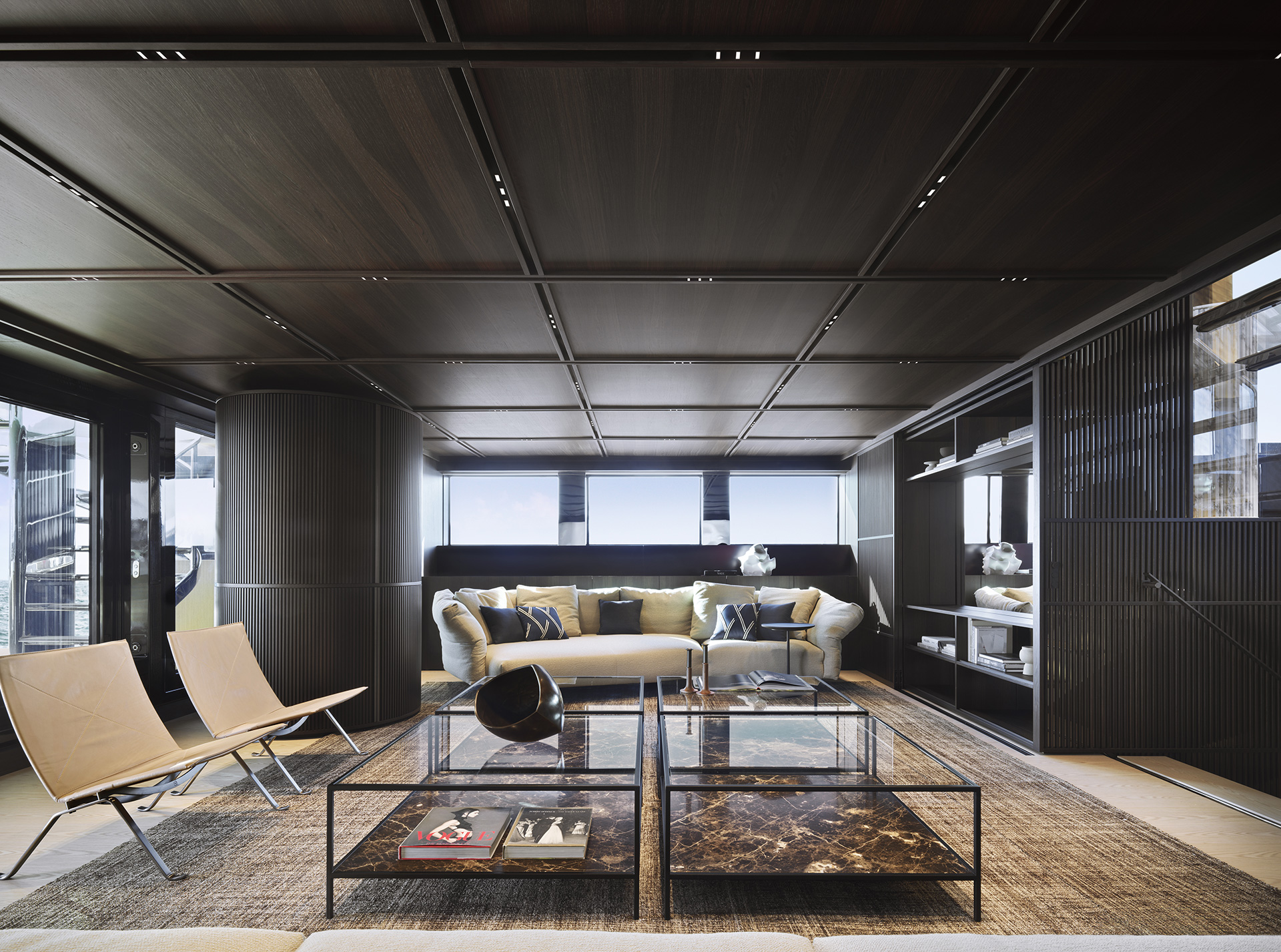 Lower-deck salon inside the Sanlorenzo 50Steel