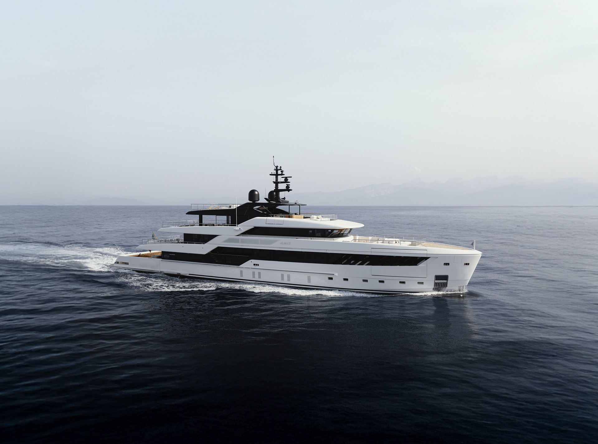 Sanlorenzo 50Steel superyacht underway at sea in profile
