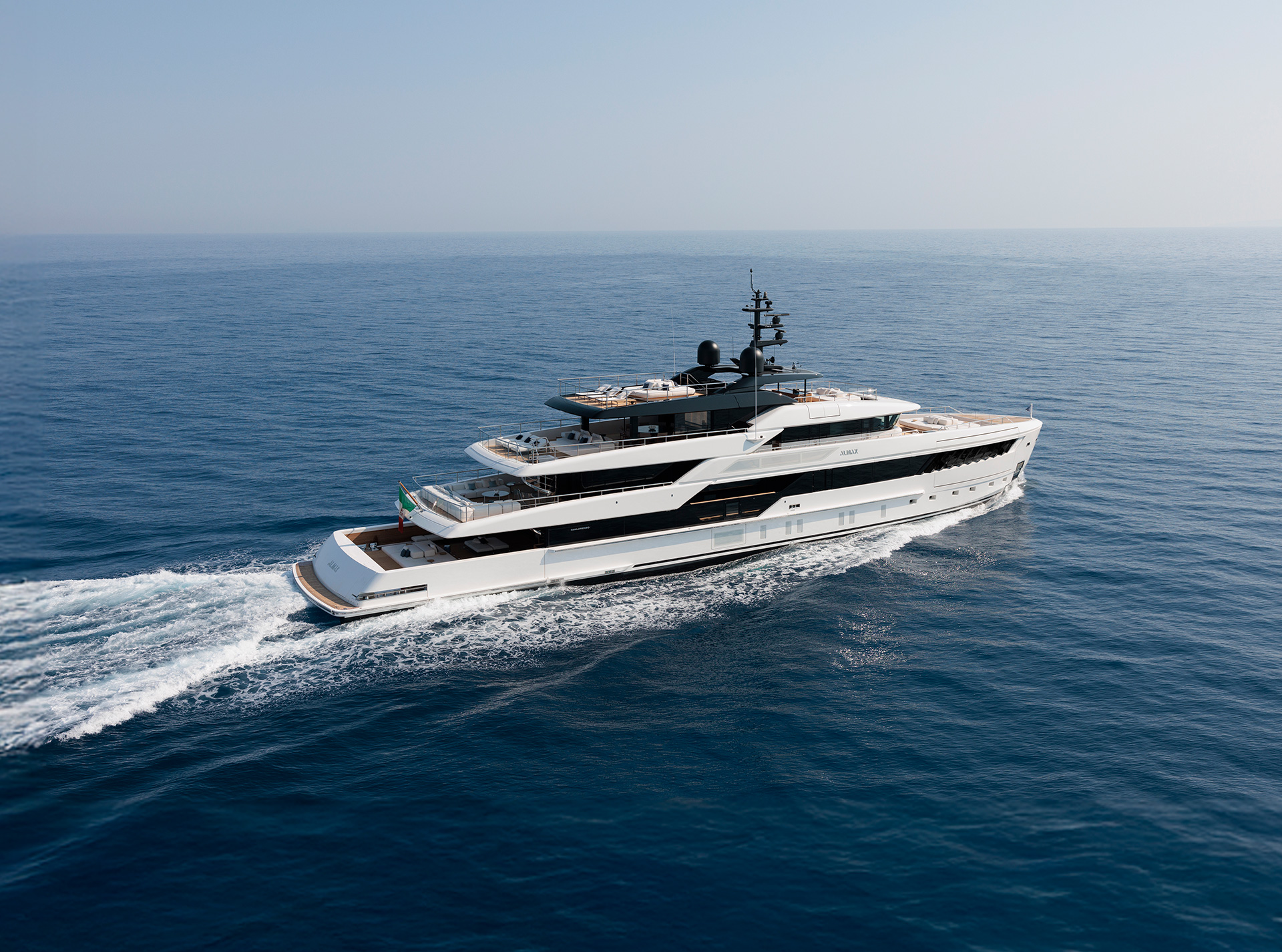 Full exterior profile of the Sanlorenzo 50Steel on open water