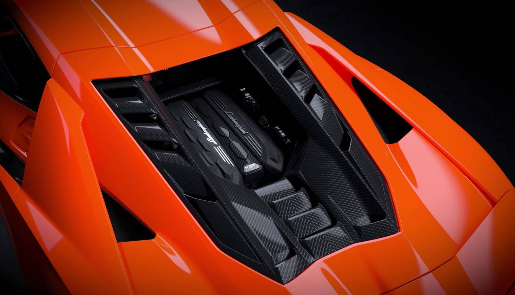 Official exterior detail of the Lamborghini Revuelto engine bay