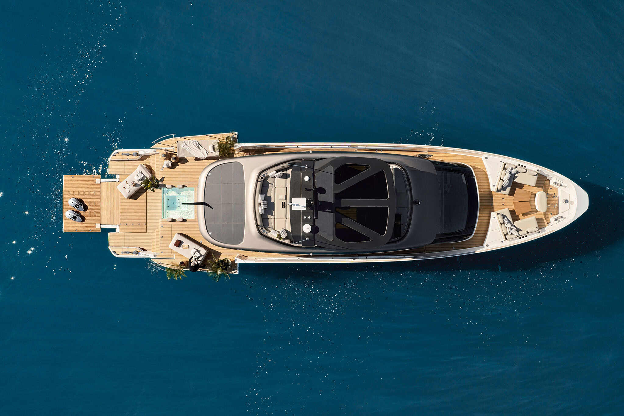 Overhead view of the Azimut Seadeck 9 showing its full deck plan