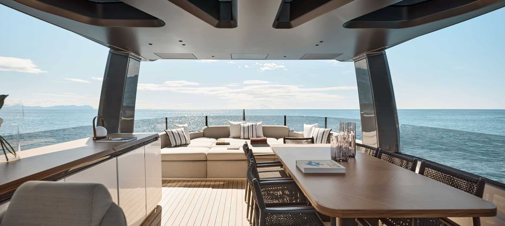 Outdoor seating and helm area on the Azimut Seadeck 9 flybridge