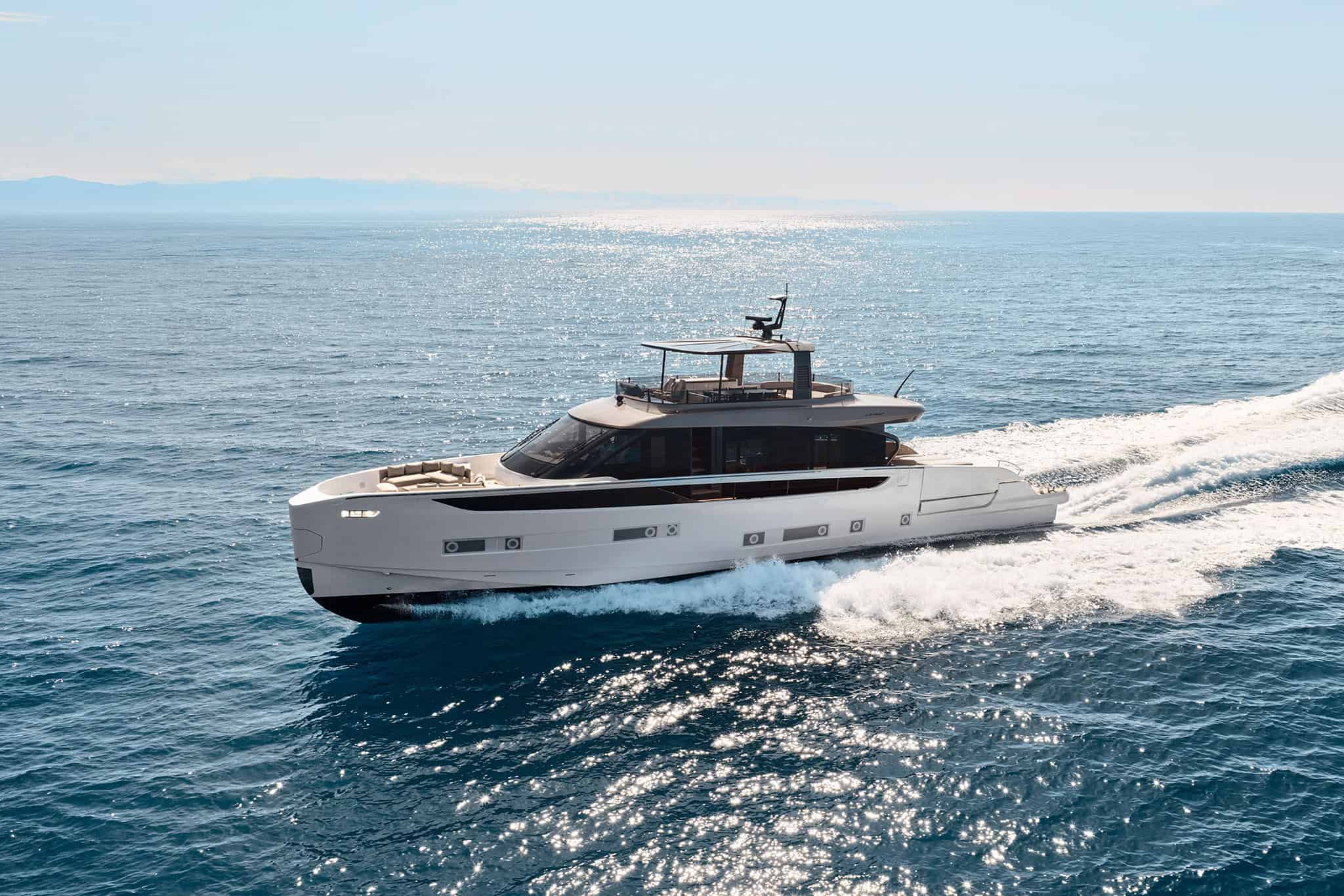 Azimut Seadeck 9 motor yacht underway at sea viewed from above