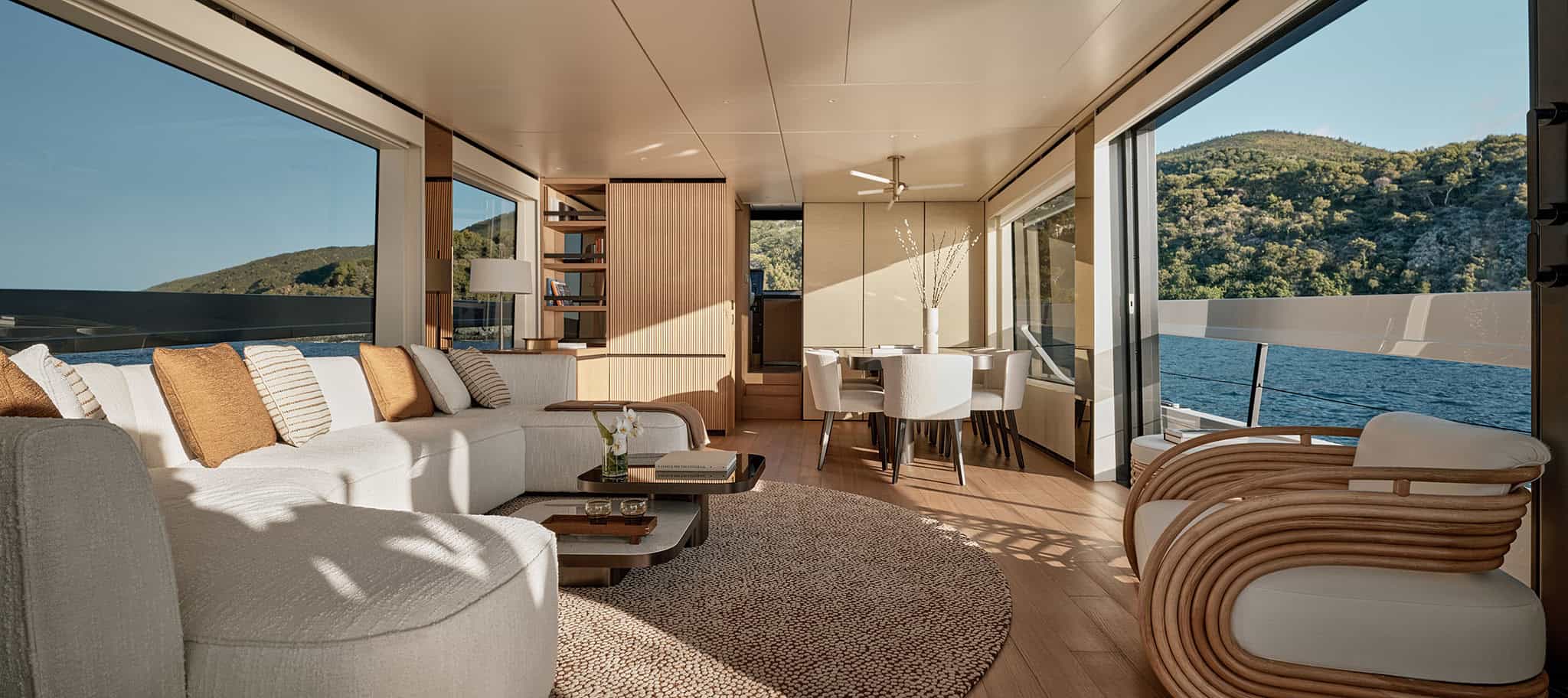 Main salon of the Azimut Seadeck 9 with full-height windows