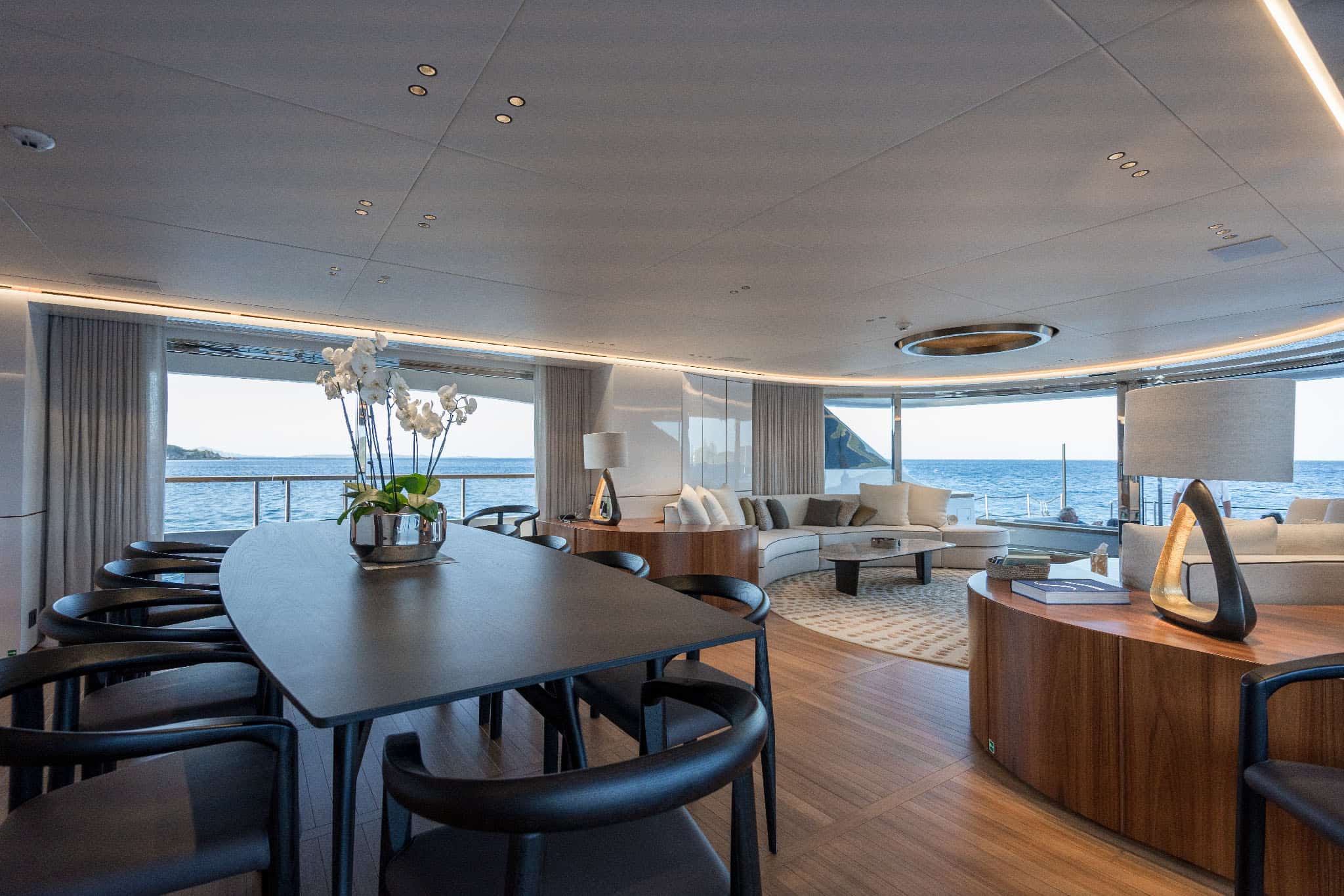 Wide view of the main salon and dining room aboard Benetti Oasis 40M Oreos