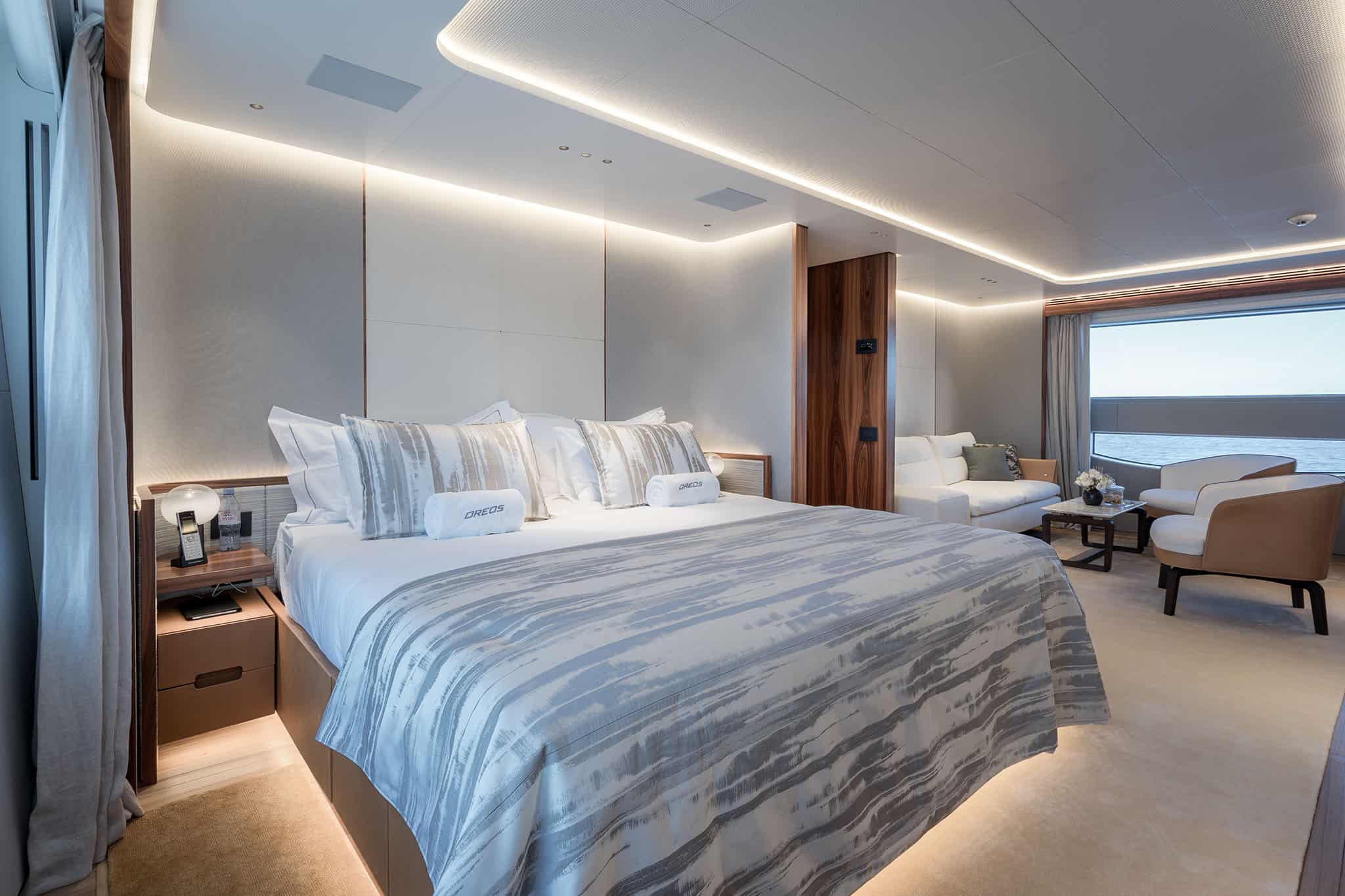 Joinery and lighting detail in the master suite of Benetti Oasis 40M Oreos