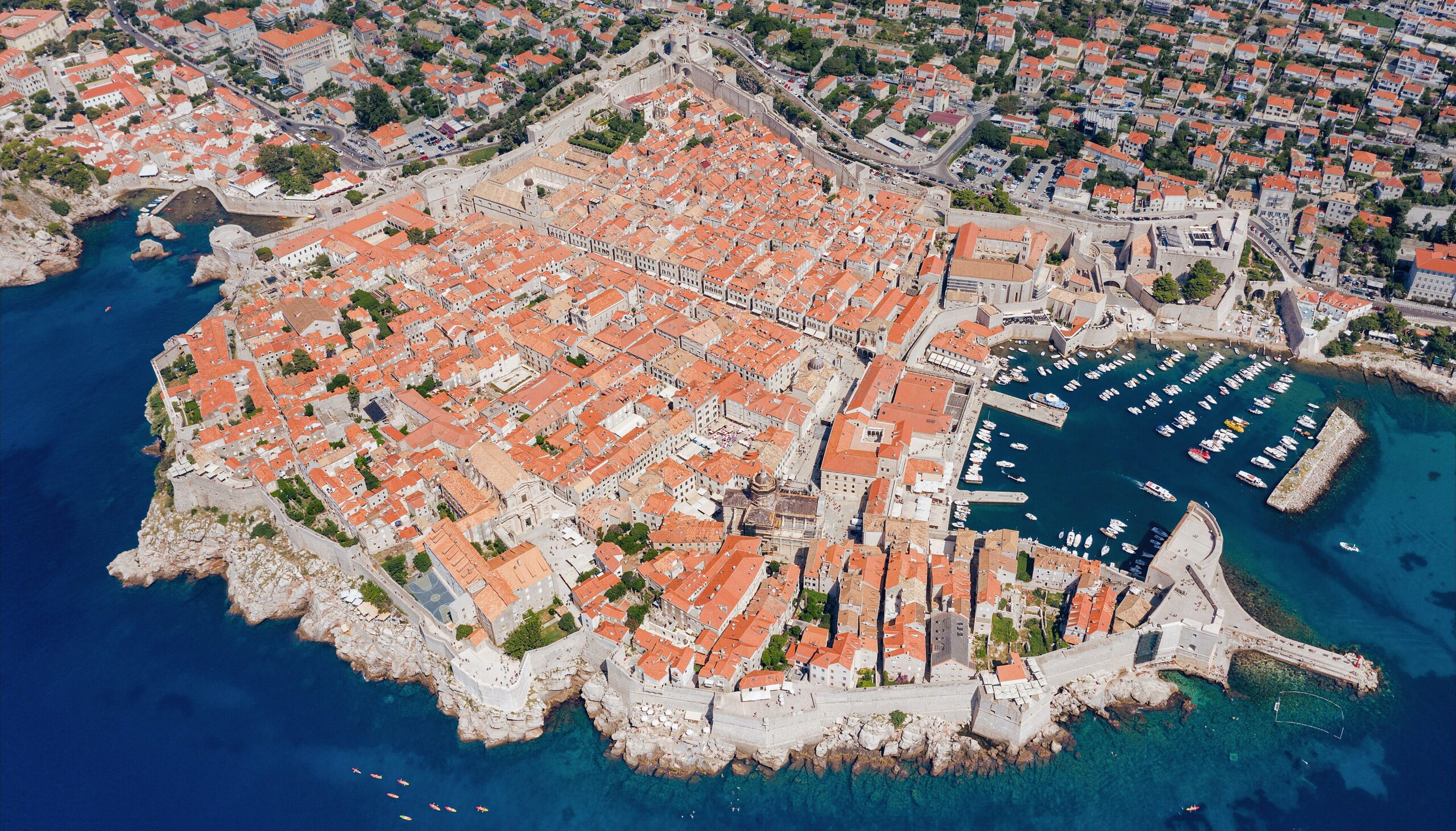 Dubrovnik old port and historic centre viewed from the Adriatic