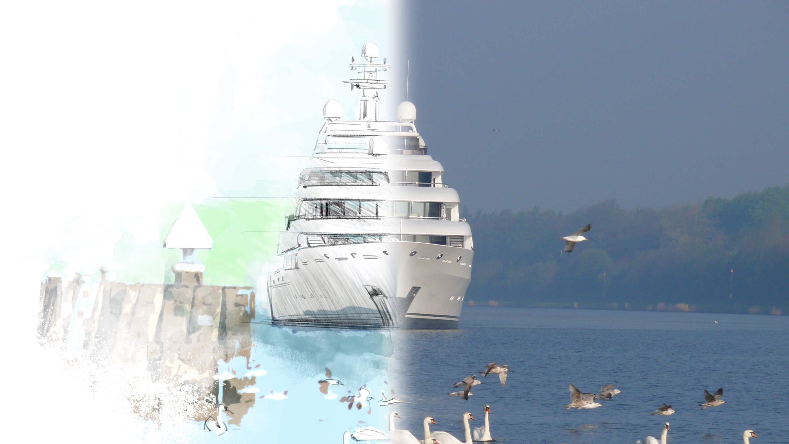Concept drawing blending into a completed superyacht on the water