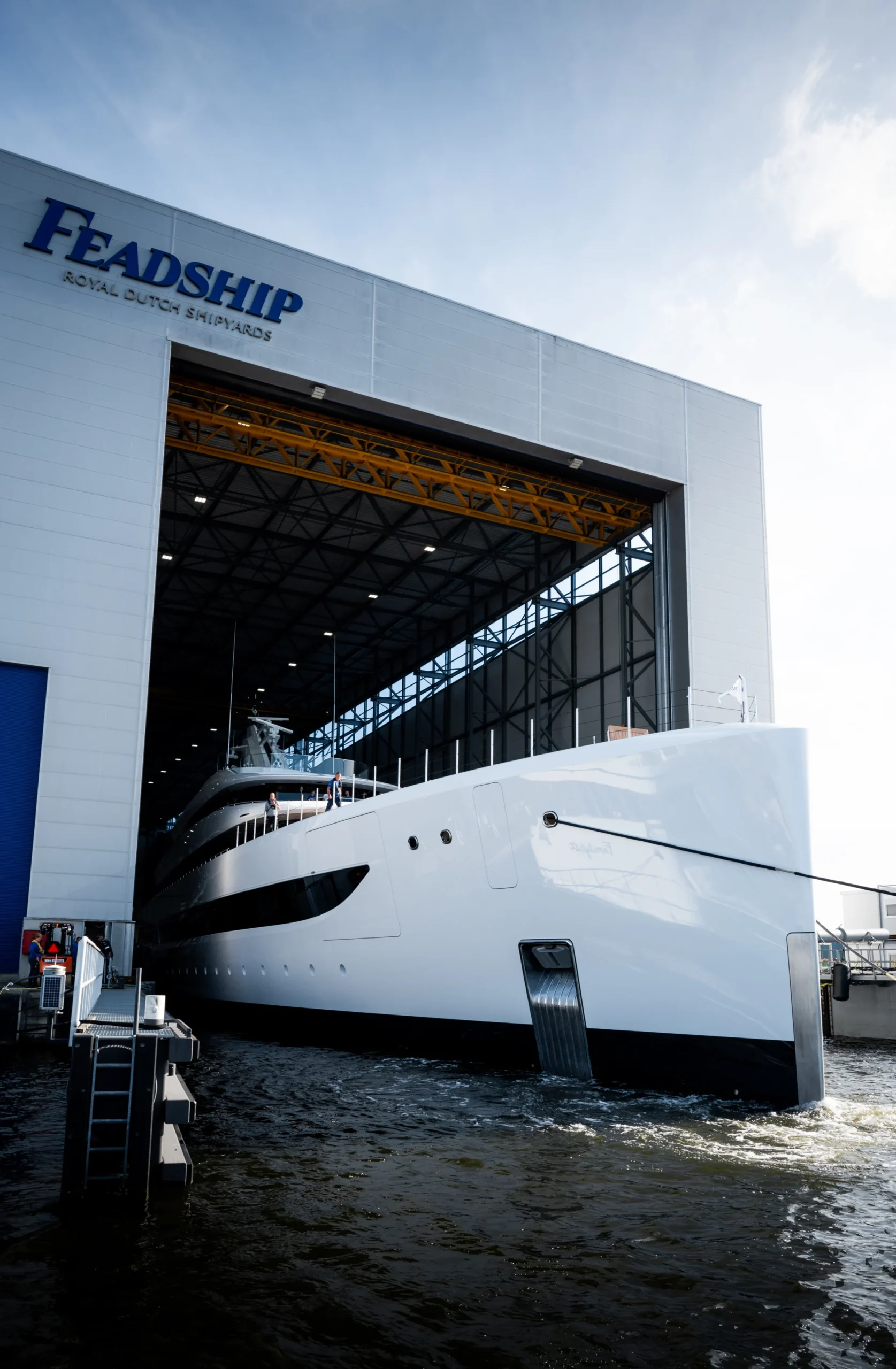 Side profile of Feadship Milky Way during launch