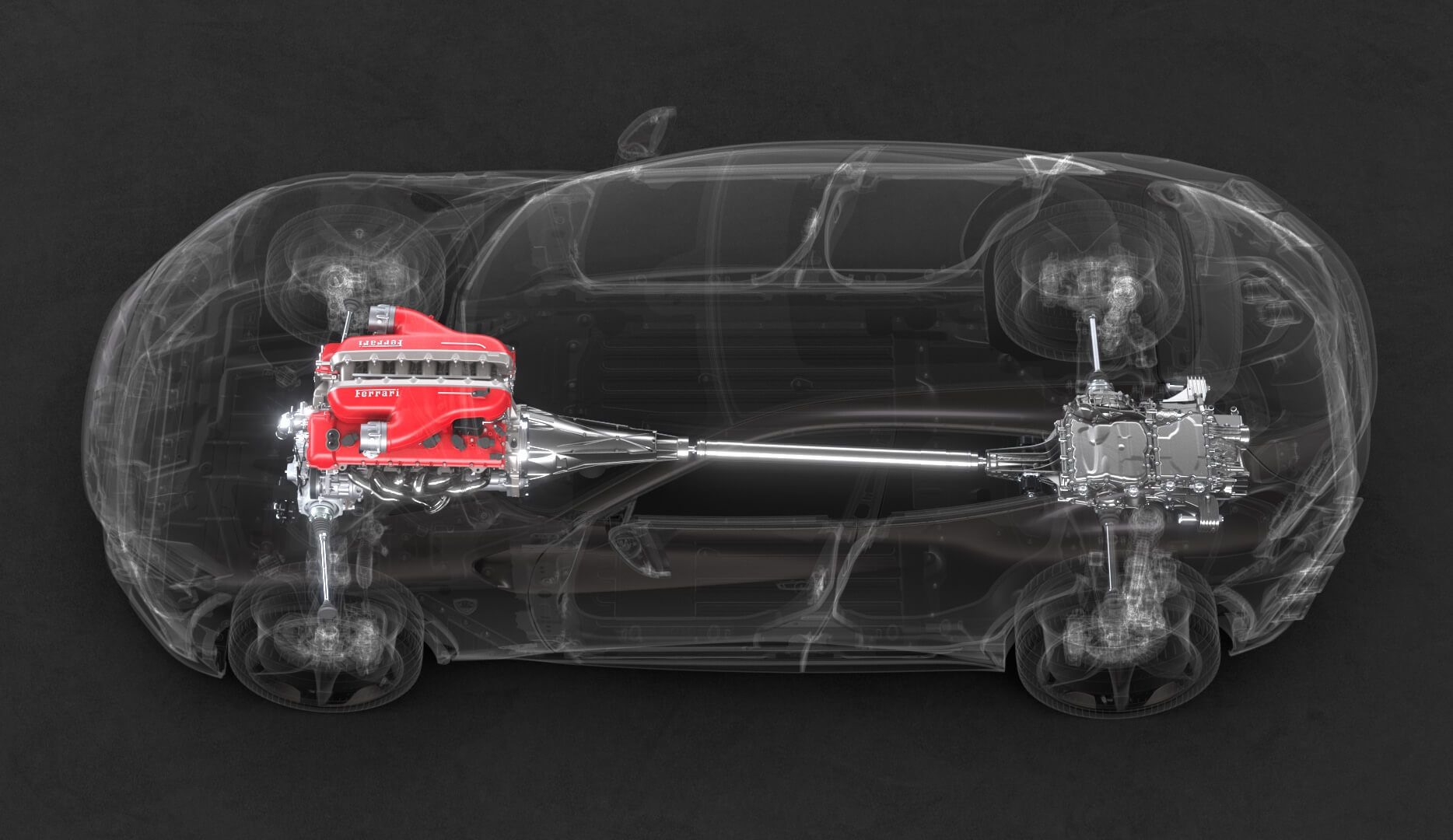 Transparent official view of the Ferrari Purosangue powertrain layout