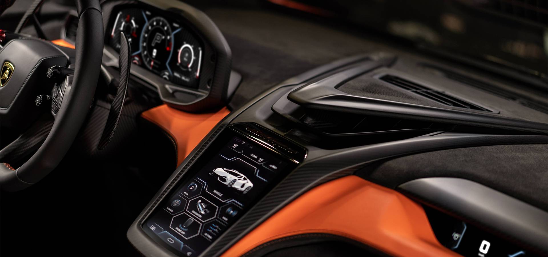 Lamborghini Revuelto cockpit with digital displays and central touchscreen