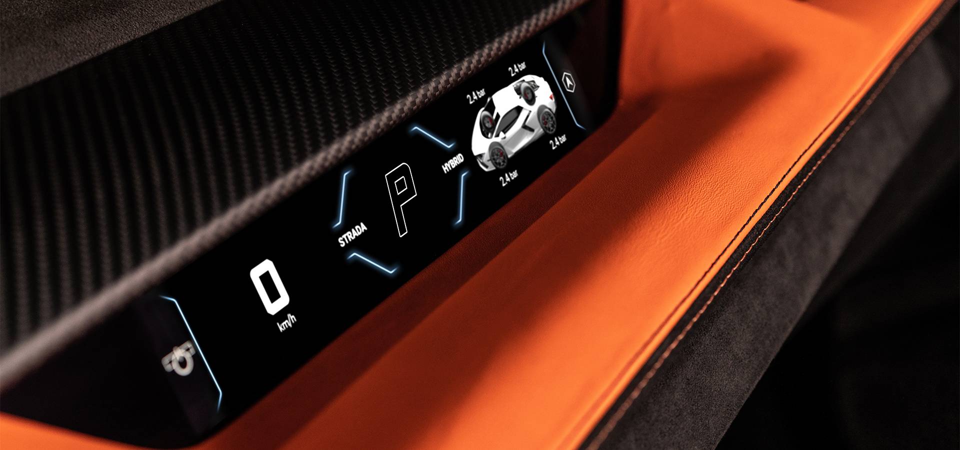 Close view of the Lamborghini Revuelto passenger display showing hybrid mode