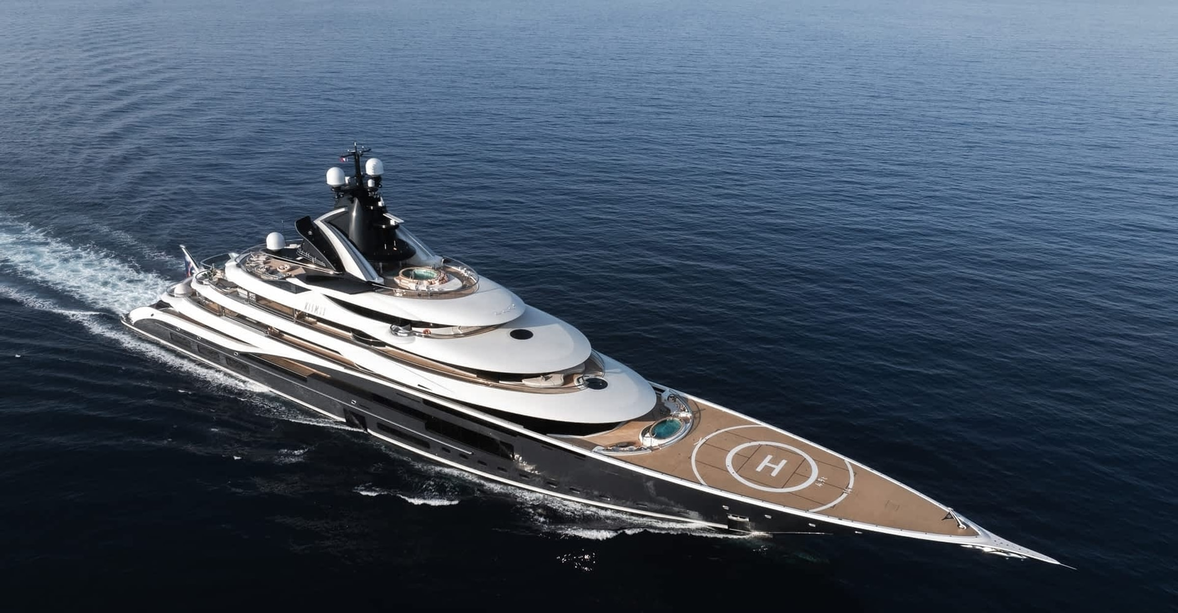 Aerial view of the 122-metre Lürssen KISMET underway at sea