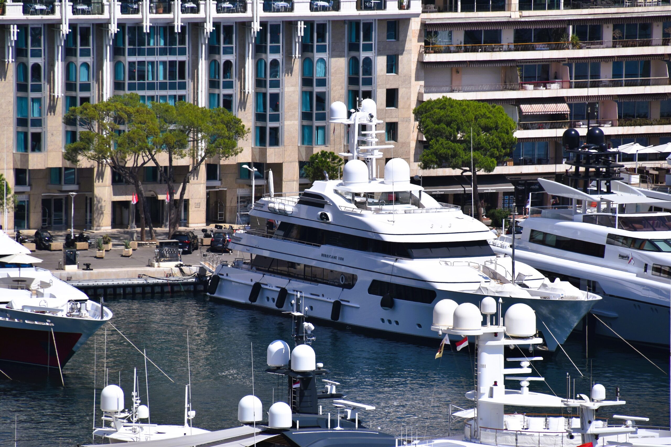 Luxury yachts in Port Hercule viewed from above Monaco