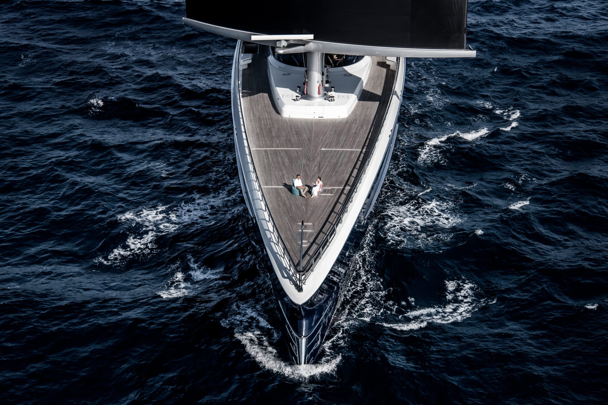 Top-down aerial view of BLACK PEARL’s bow and forward DynaRig mast underway