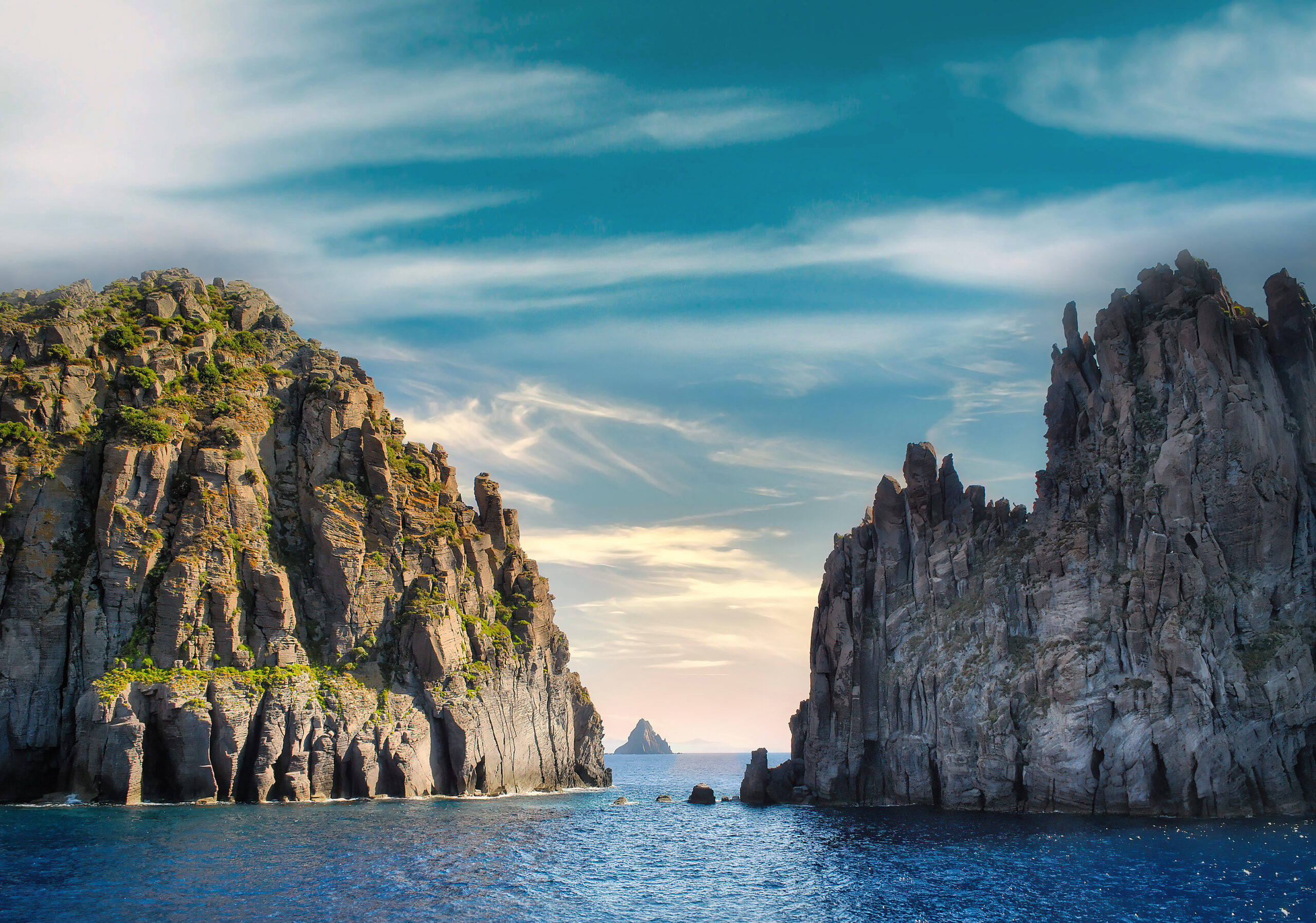 Volcanic sea cliffs in the Aeolian Islands north of Sicily