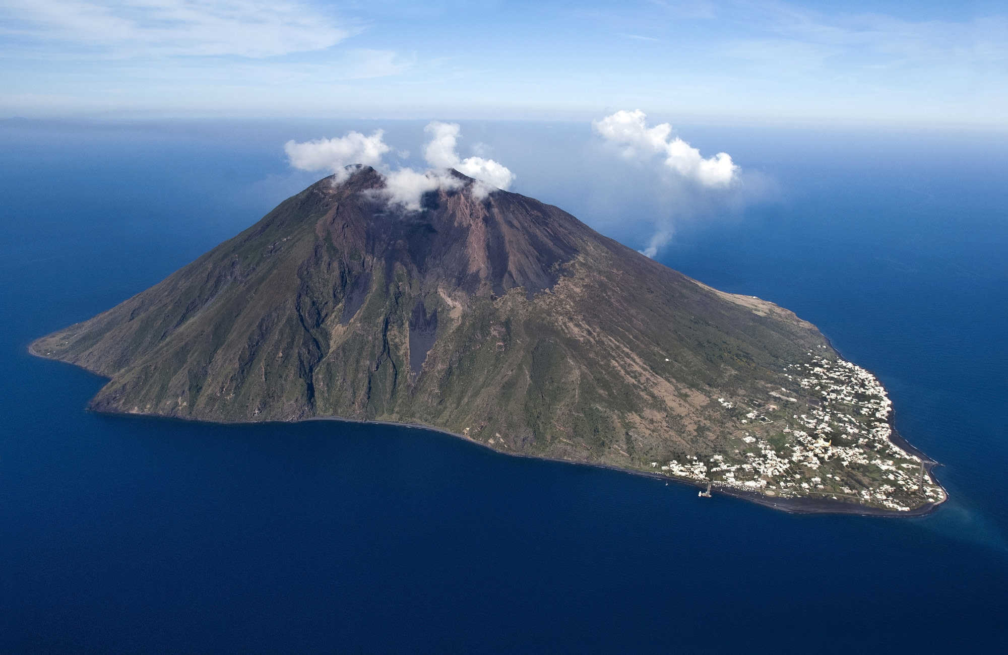 Aerial view of Stromboli rising from the Tyrrhenian Sea