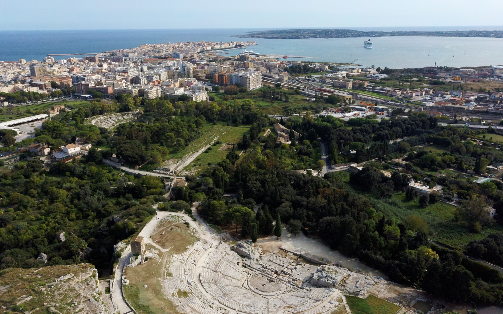 Aerial view of the Greek theatre and archaeological landscape of Syracuse