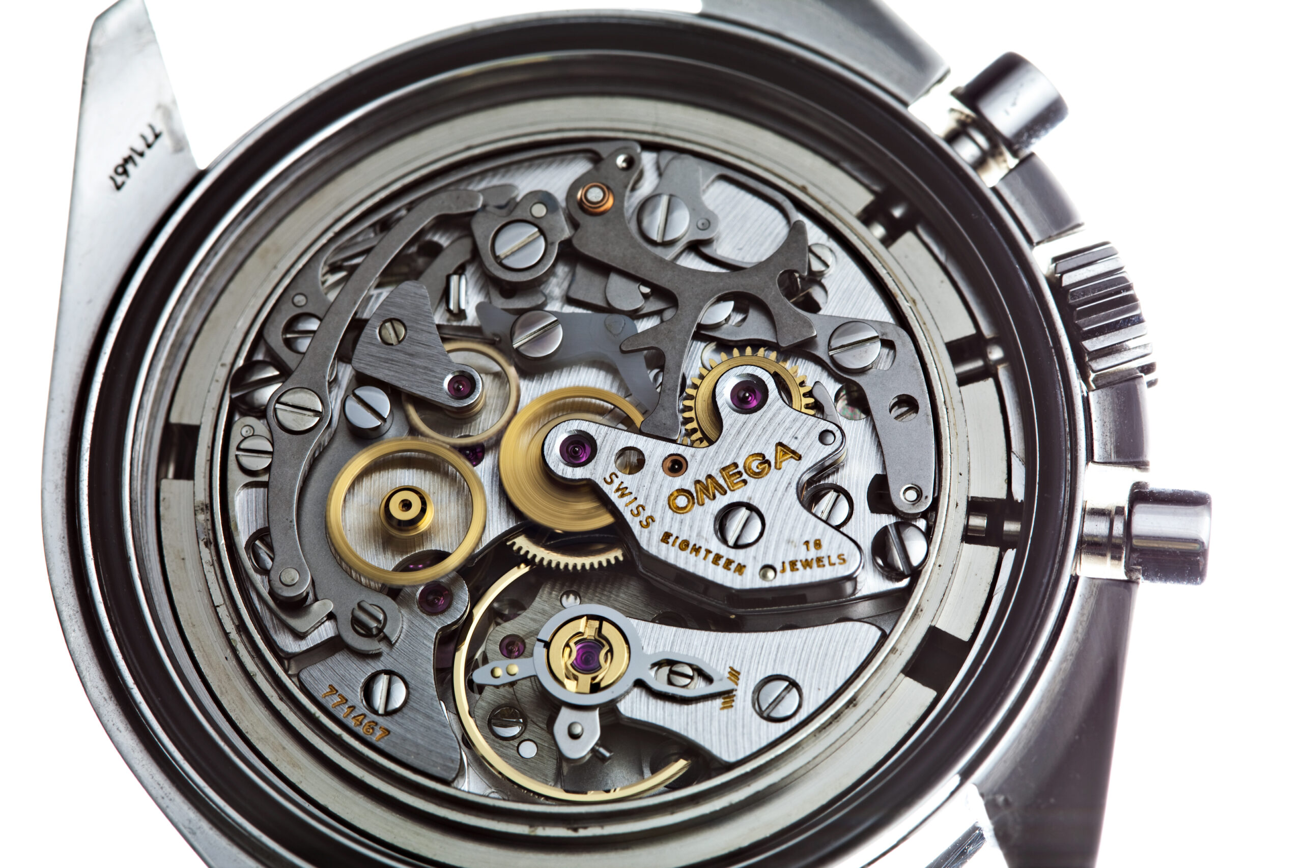 Detailed view of an Omega calibre 1861 mechanical chronograph movement