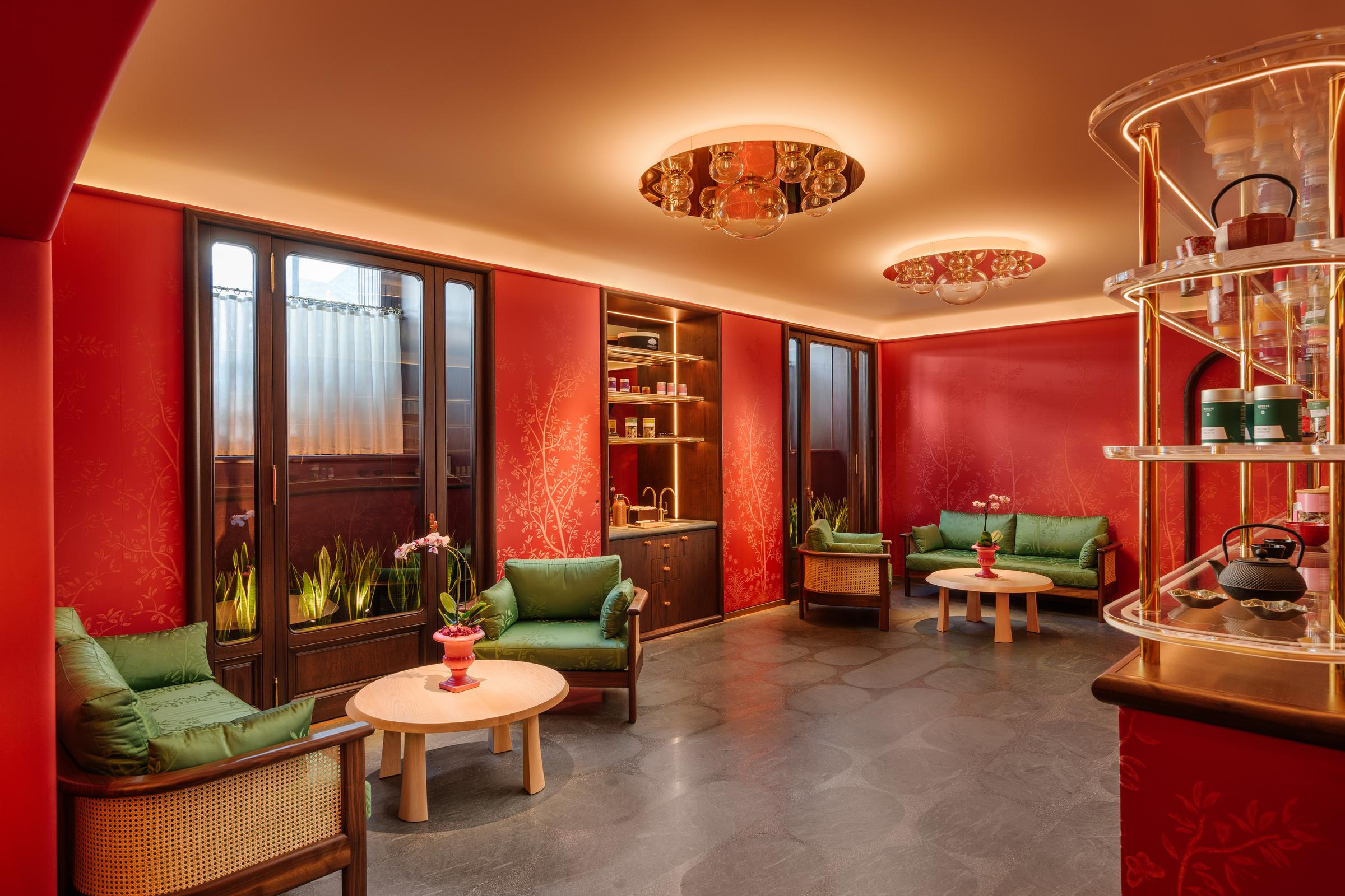 The warm-toned spa lounge