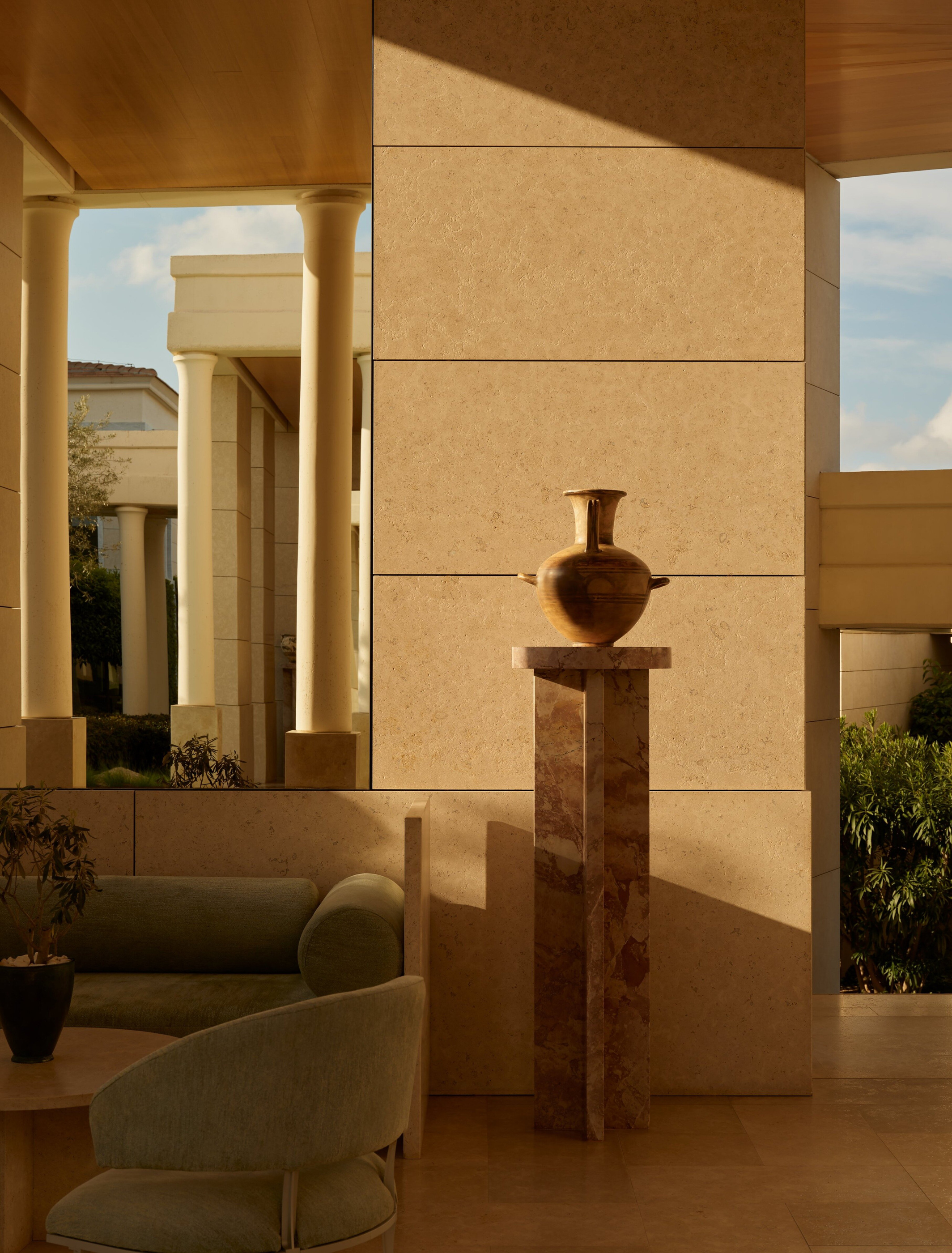 An architectural sculpture and columned interior in the resort gallery