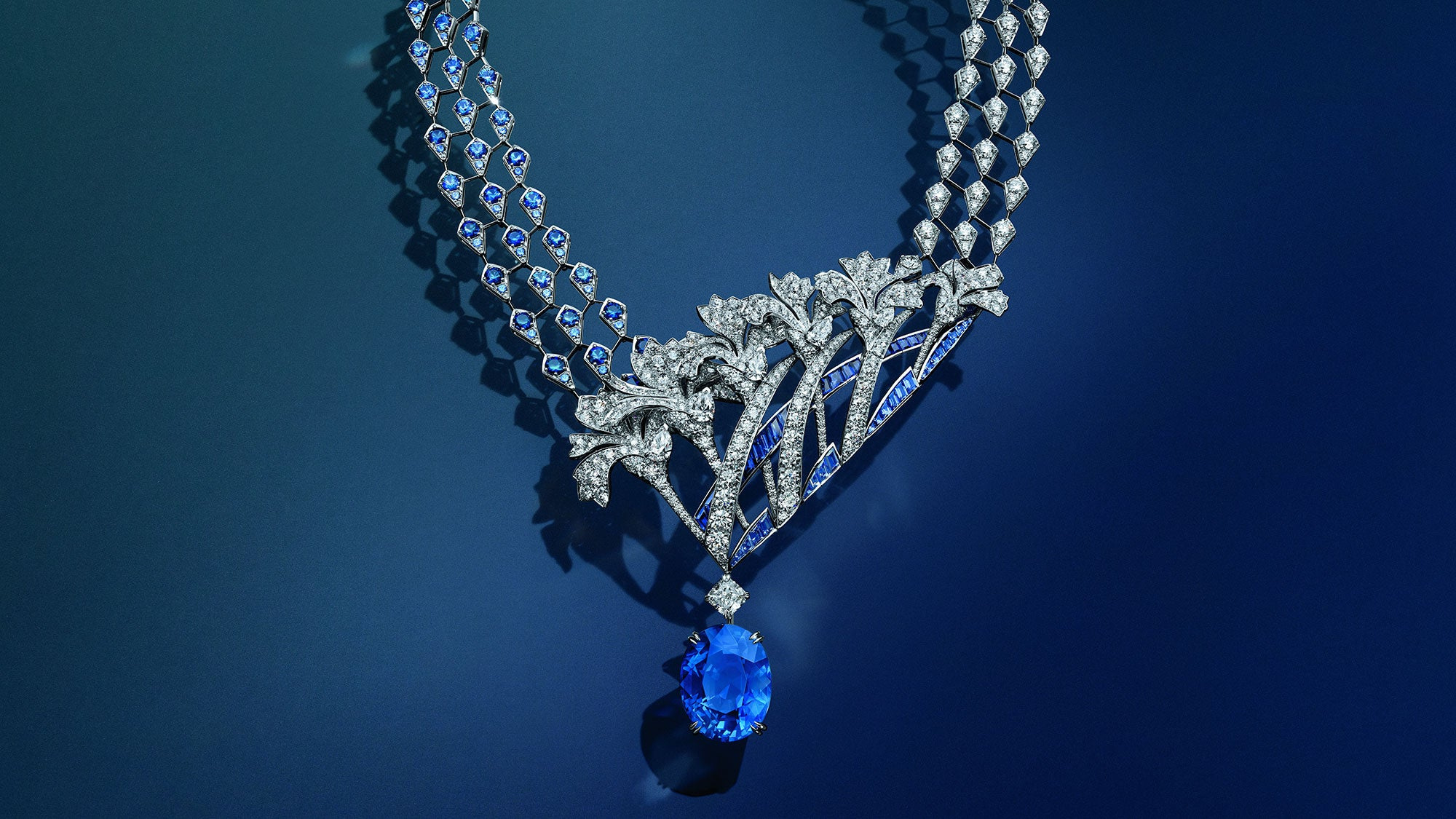 Carnation necklace in an official blue-background study