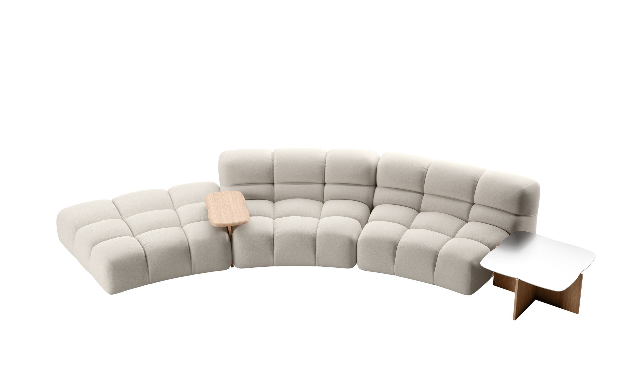 A pale curved Tufty-Time 20 composition with an accompanying table