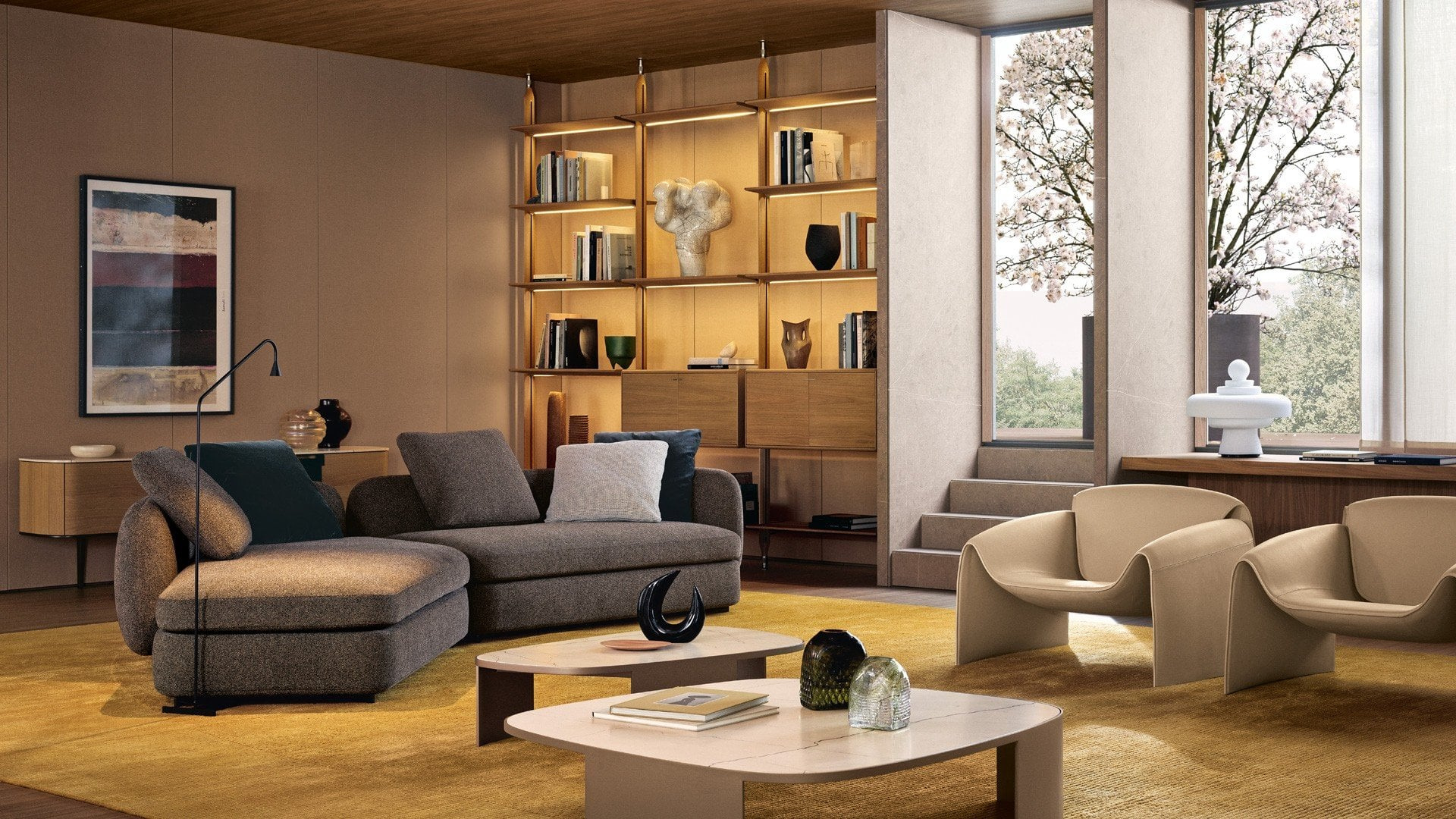 A darker Saint-Germain composition beside shelves and an armchair