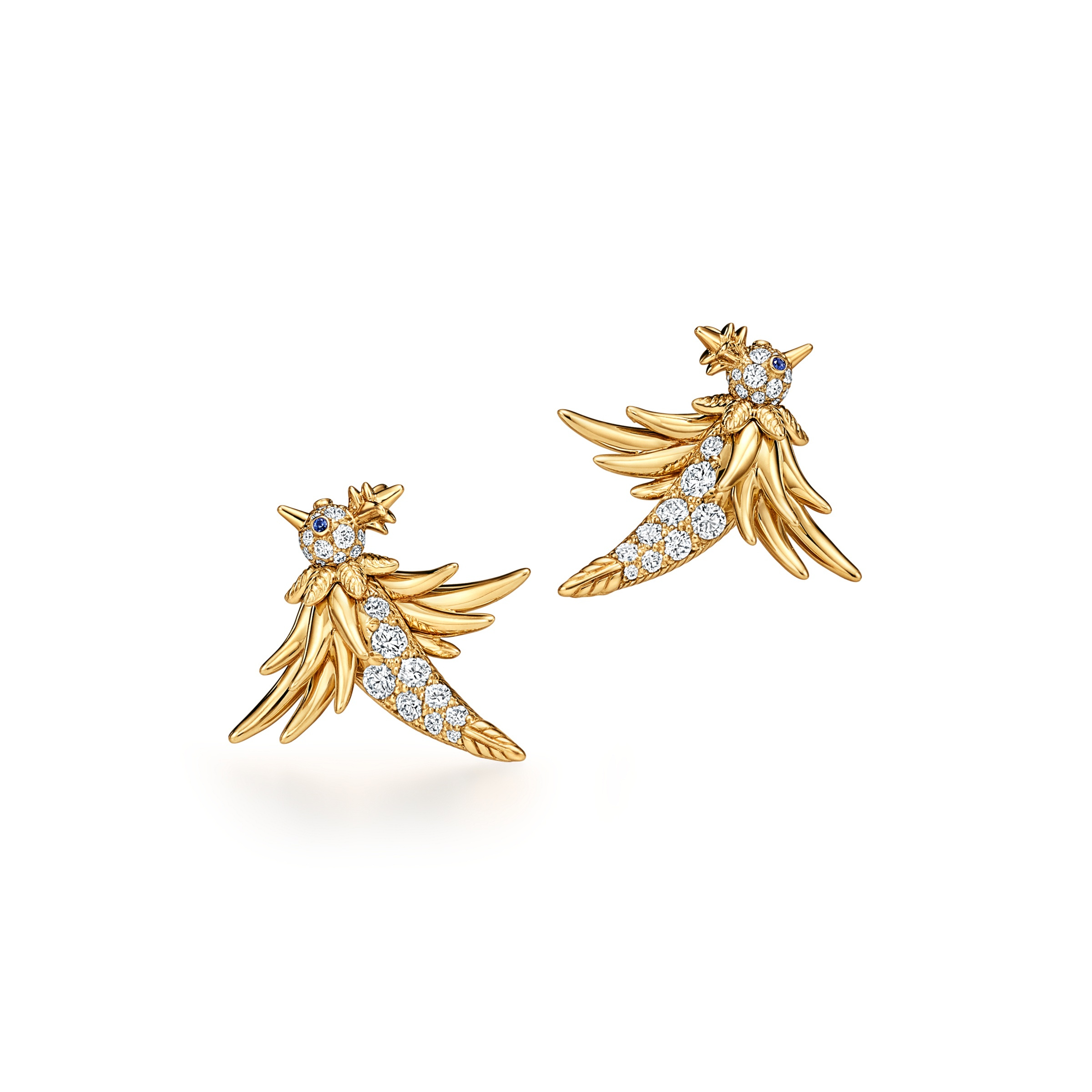 Golden bird earrings, shown together in the official product view