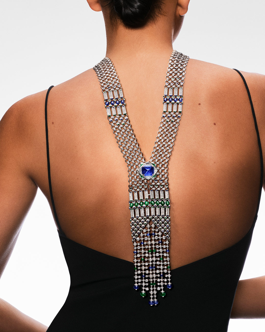 Seres Scarf worn down the back, showing a different fall of the jewel