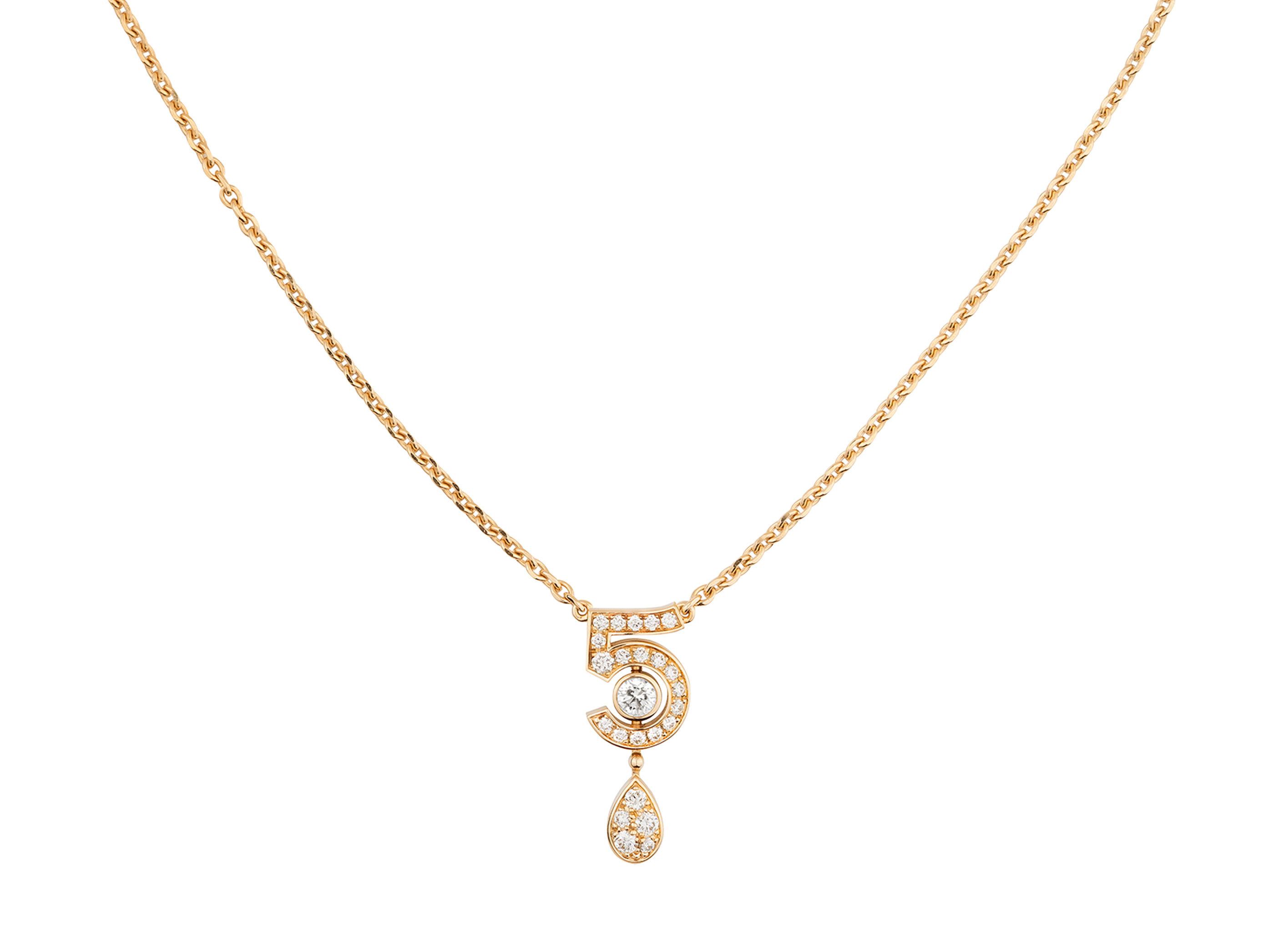Eternal N°5 necklace in the complete gold-coloured studio view