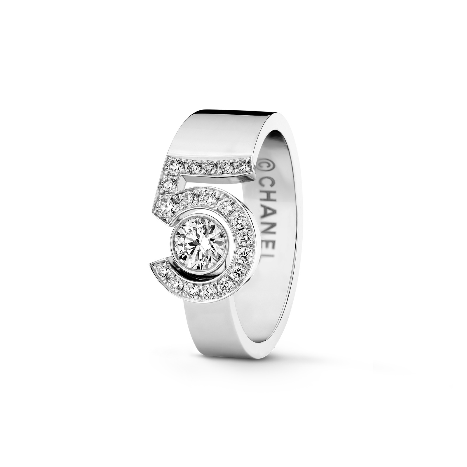 CHANEL N°5: The Architecture of a Number: Eternal N°5 ring in the white-metal product view Official illustration; not a private object or commissioned examination.