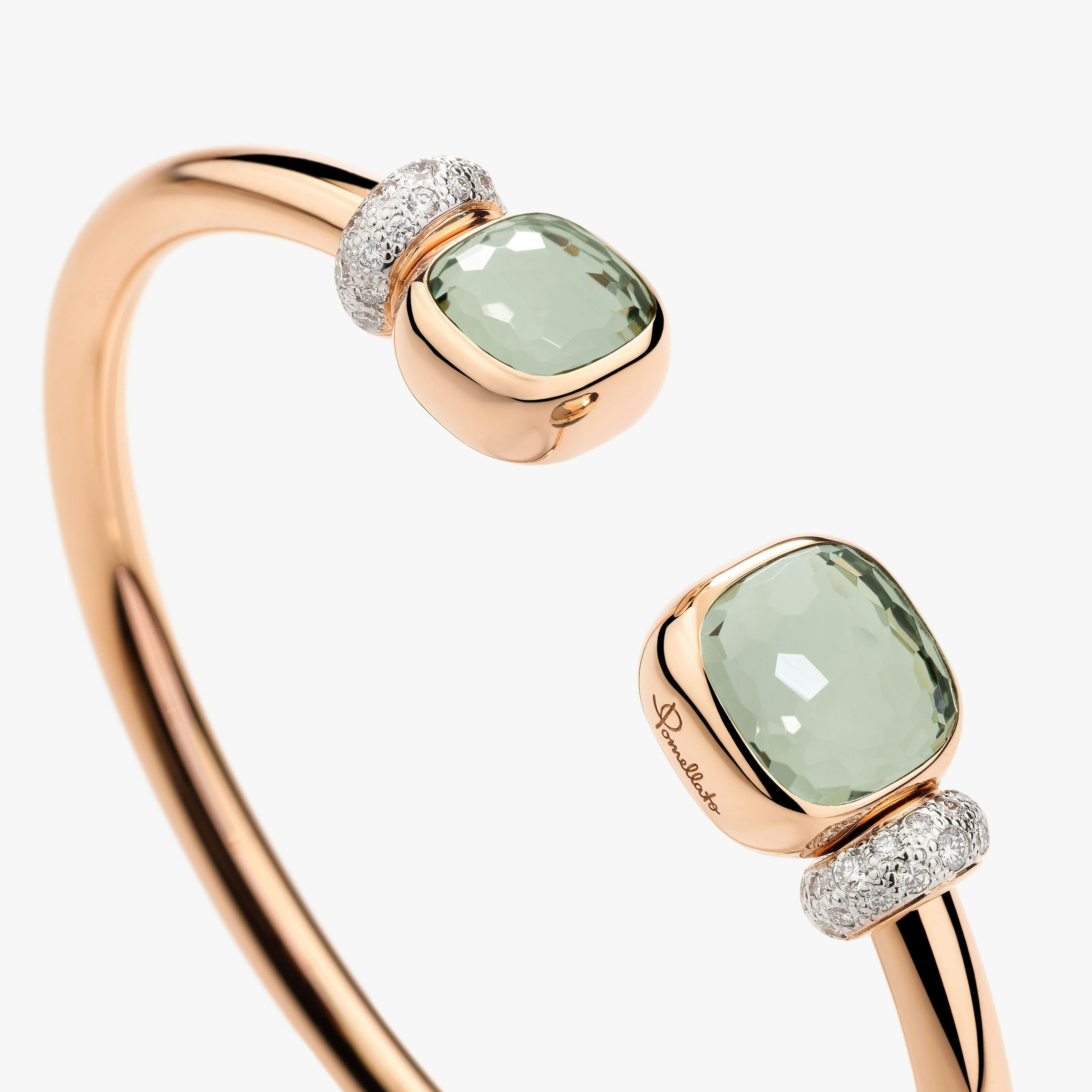 Detail of a prasiolite end and its surrounding diamond-set structure