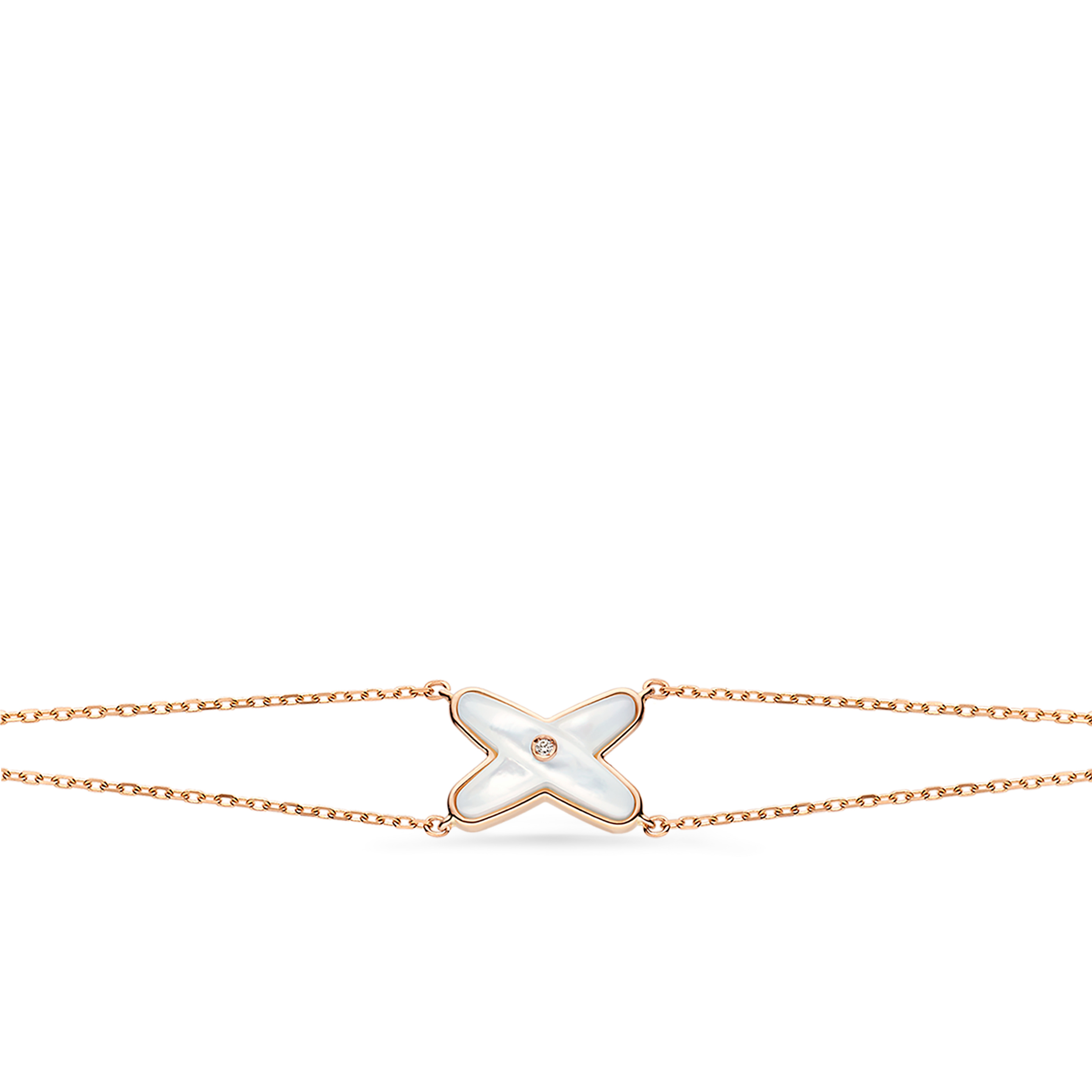 A crossed Liens bracelet with a chain extending to each side