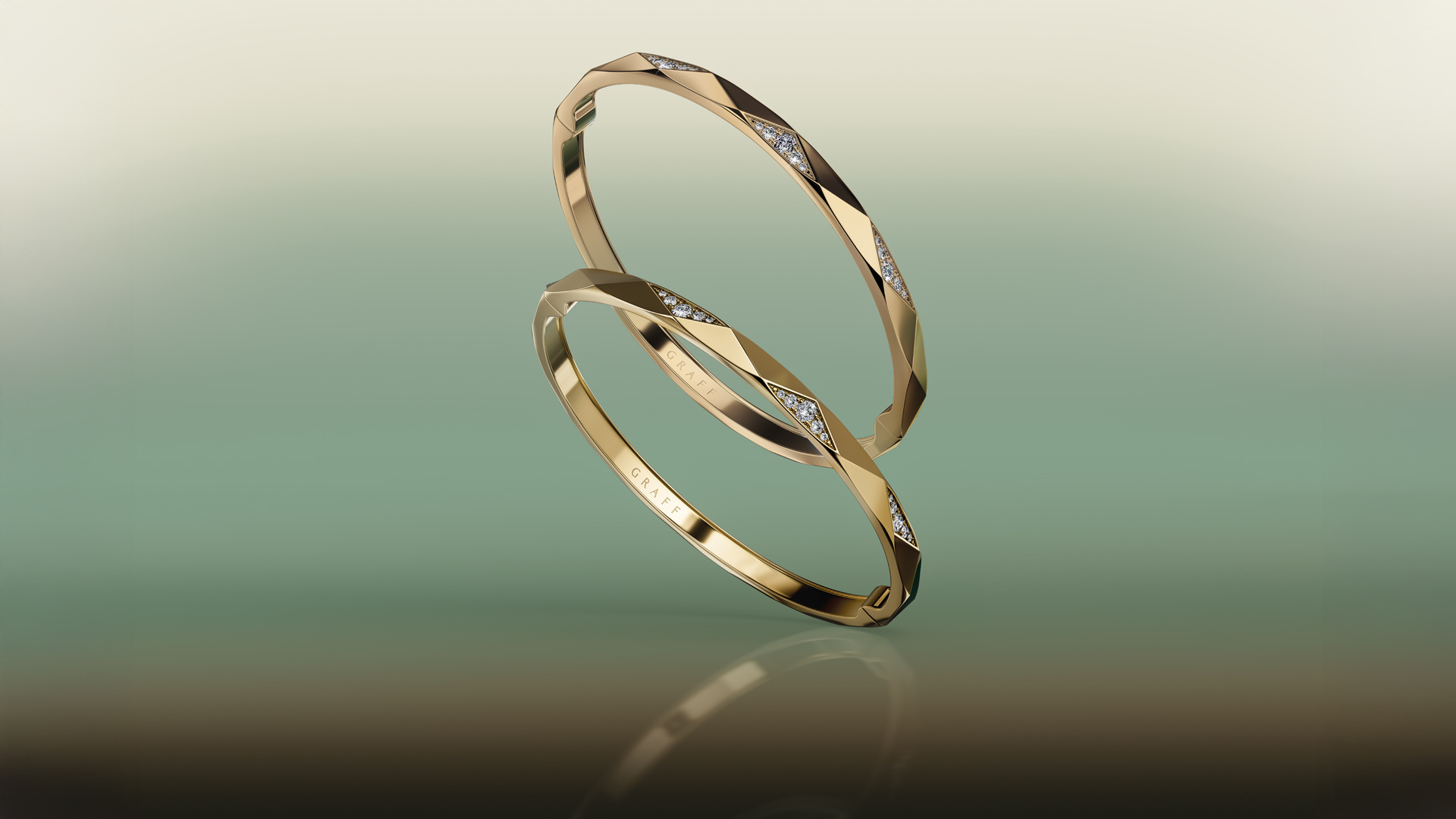 Laurence Graff Signature: The Facet as a Gold Form: Laurence Graff Signature bangle in its wide display photograph Official illustration; not a private object or commissioned examination.