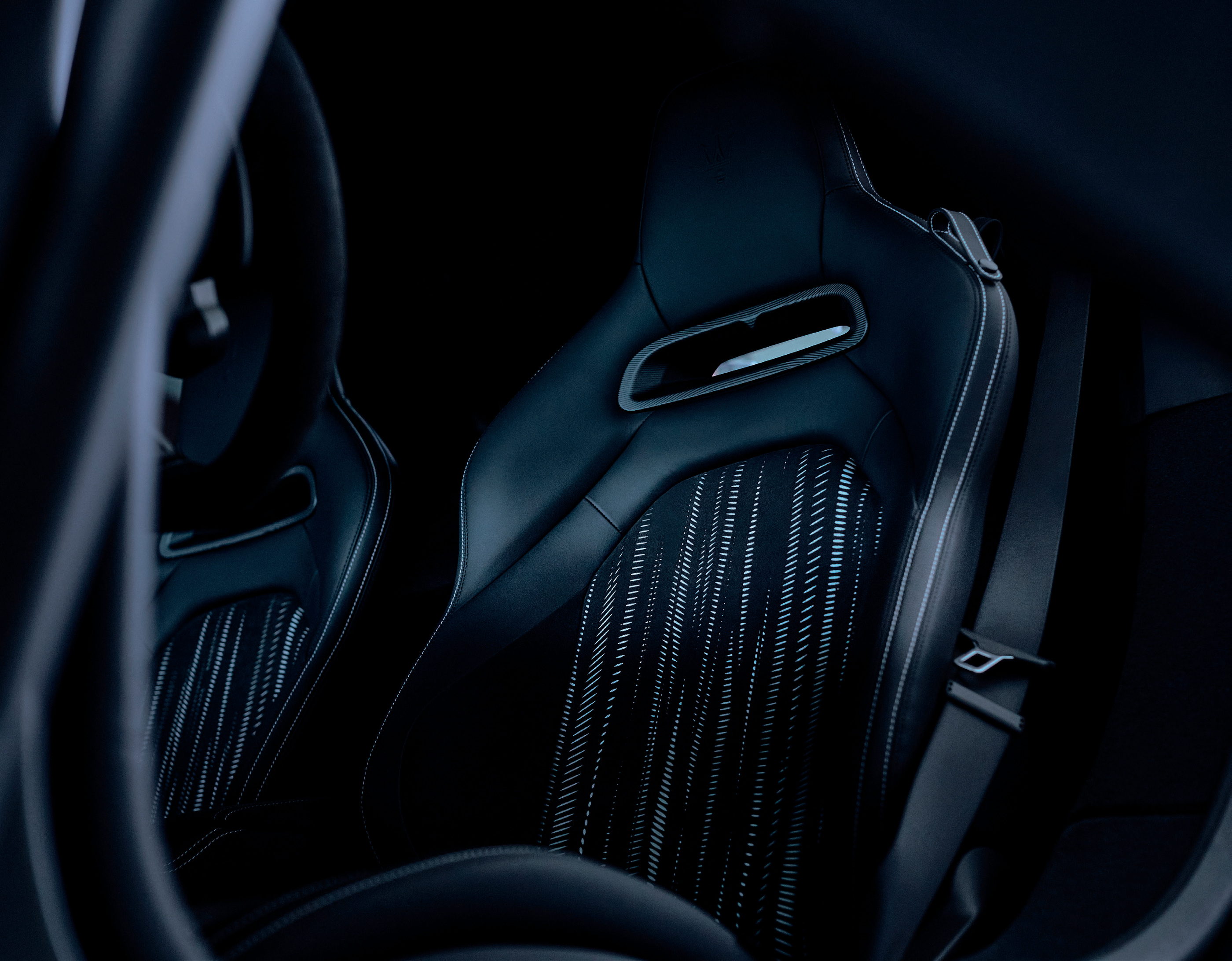 Seat and upholstery detail in Maserati’s official MCPURA catalogue.