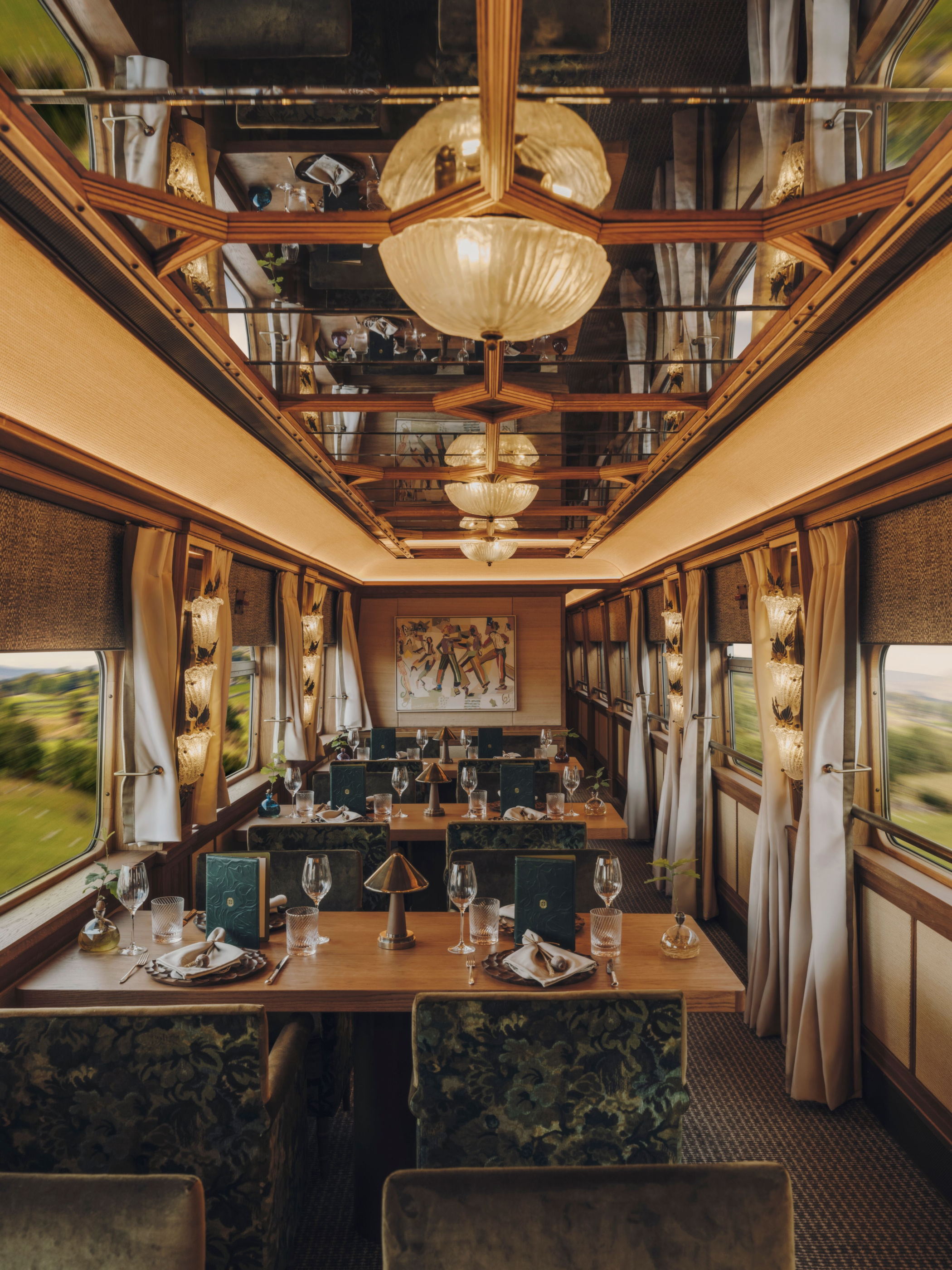 The train’s Restaurant Car, shown in the official Belmond media compilation.