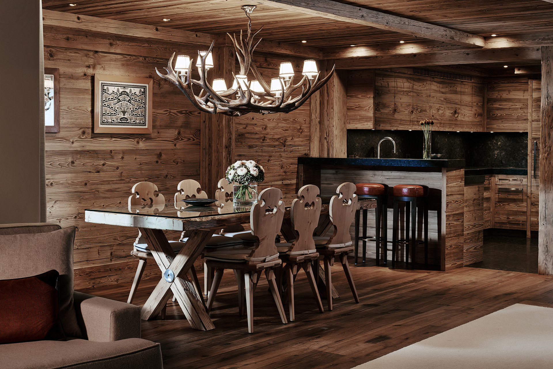 A dining setting in the hotel’s timber-lined interior.
