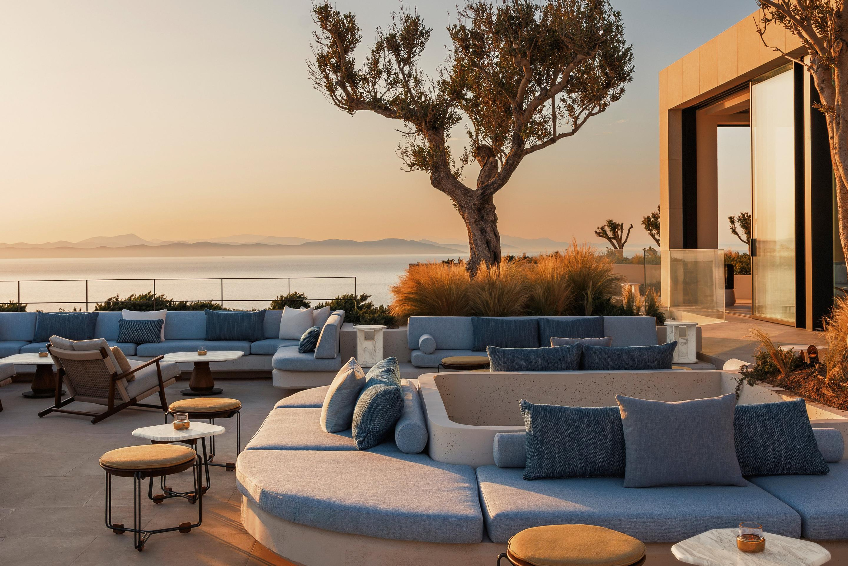 A shared terrace at sunset in the resort’s official imagery.