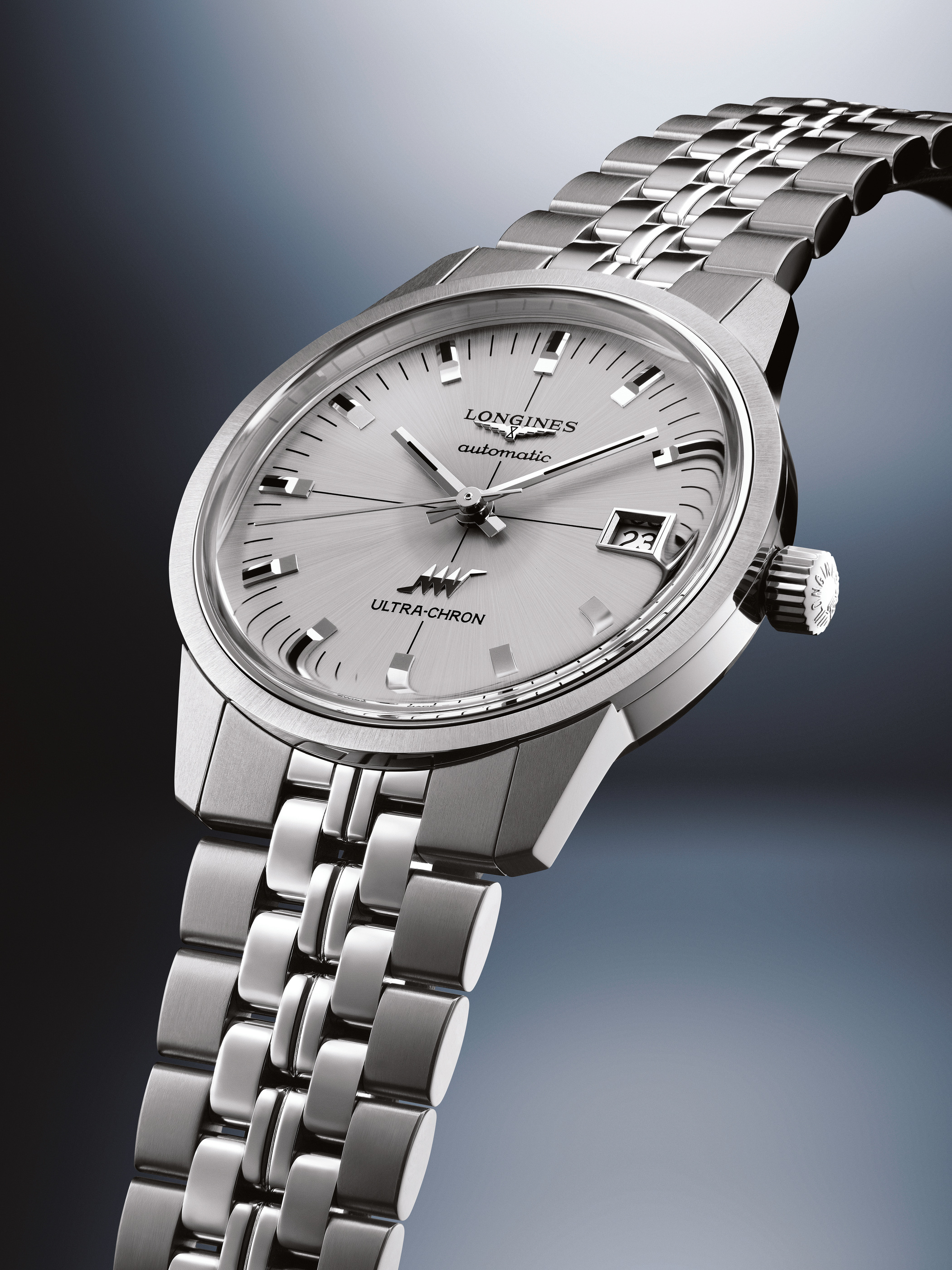 A closer view of the 40 mm bracelet model in Longines’ launch sequence.