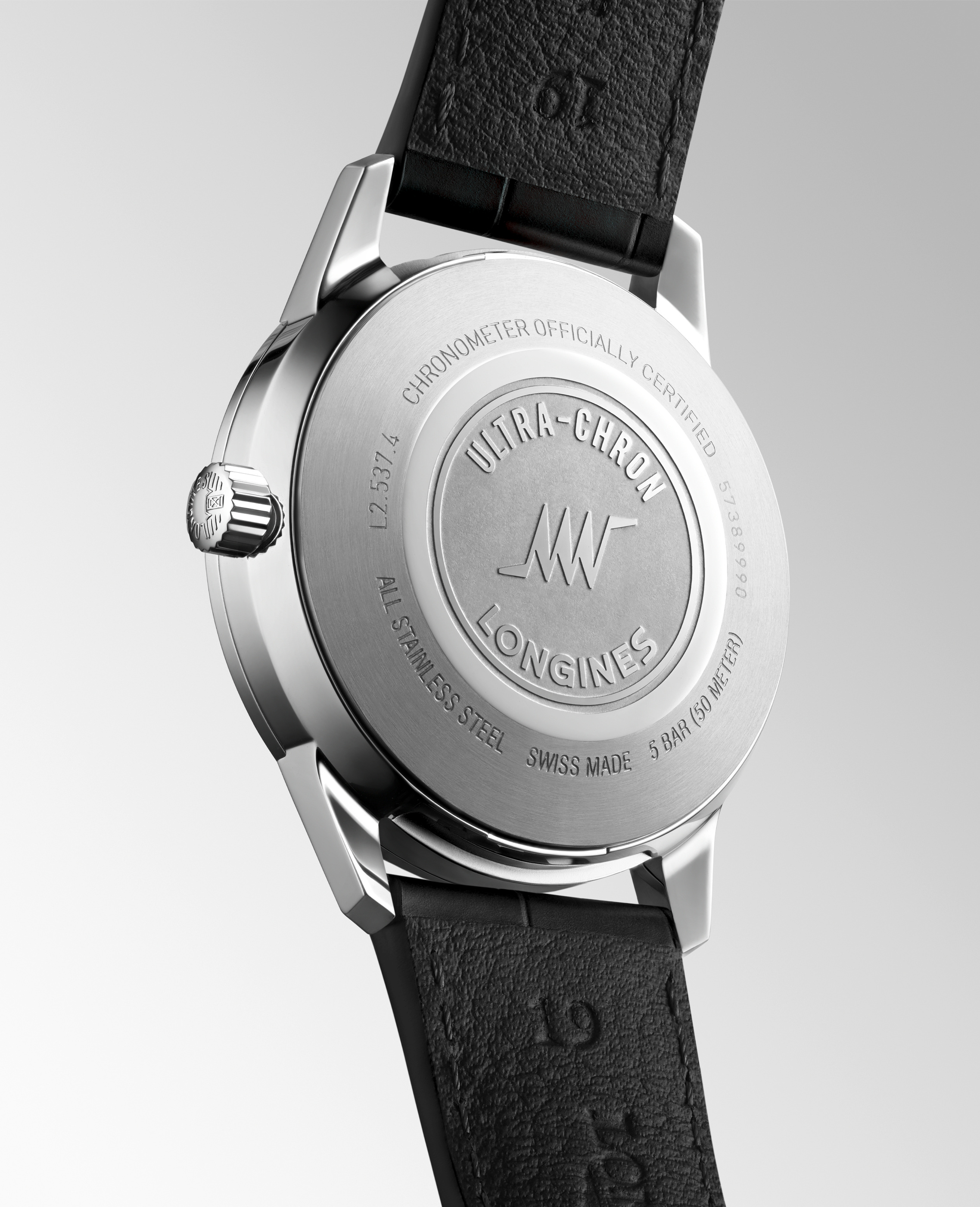 The closed back of the 37 mm L2.537 family, as identified in Longines’ media captions.