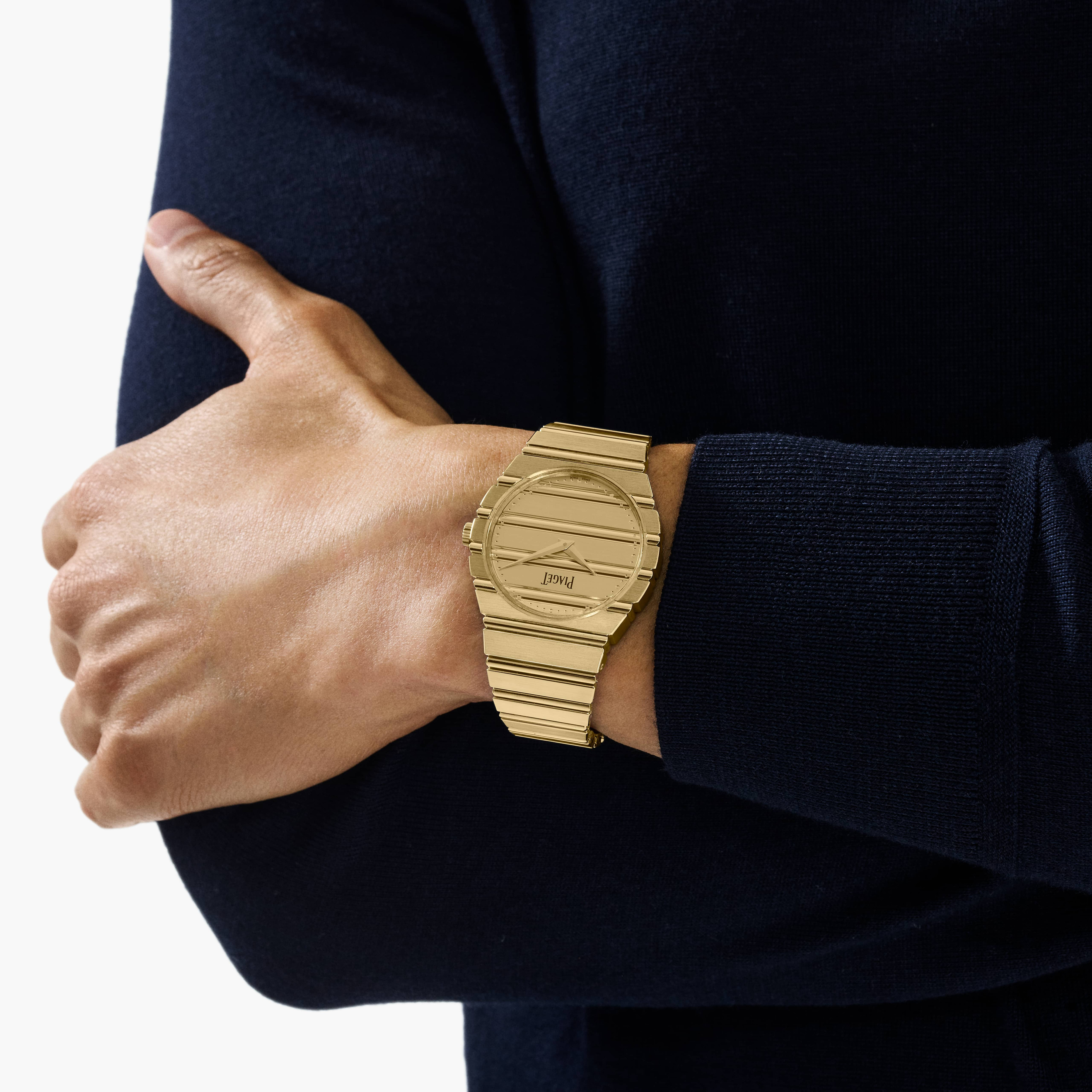 The yellow-gold Piaget Polo 79 on the wrist in the official reference G0A49150 imagery.