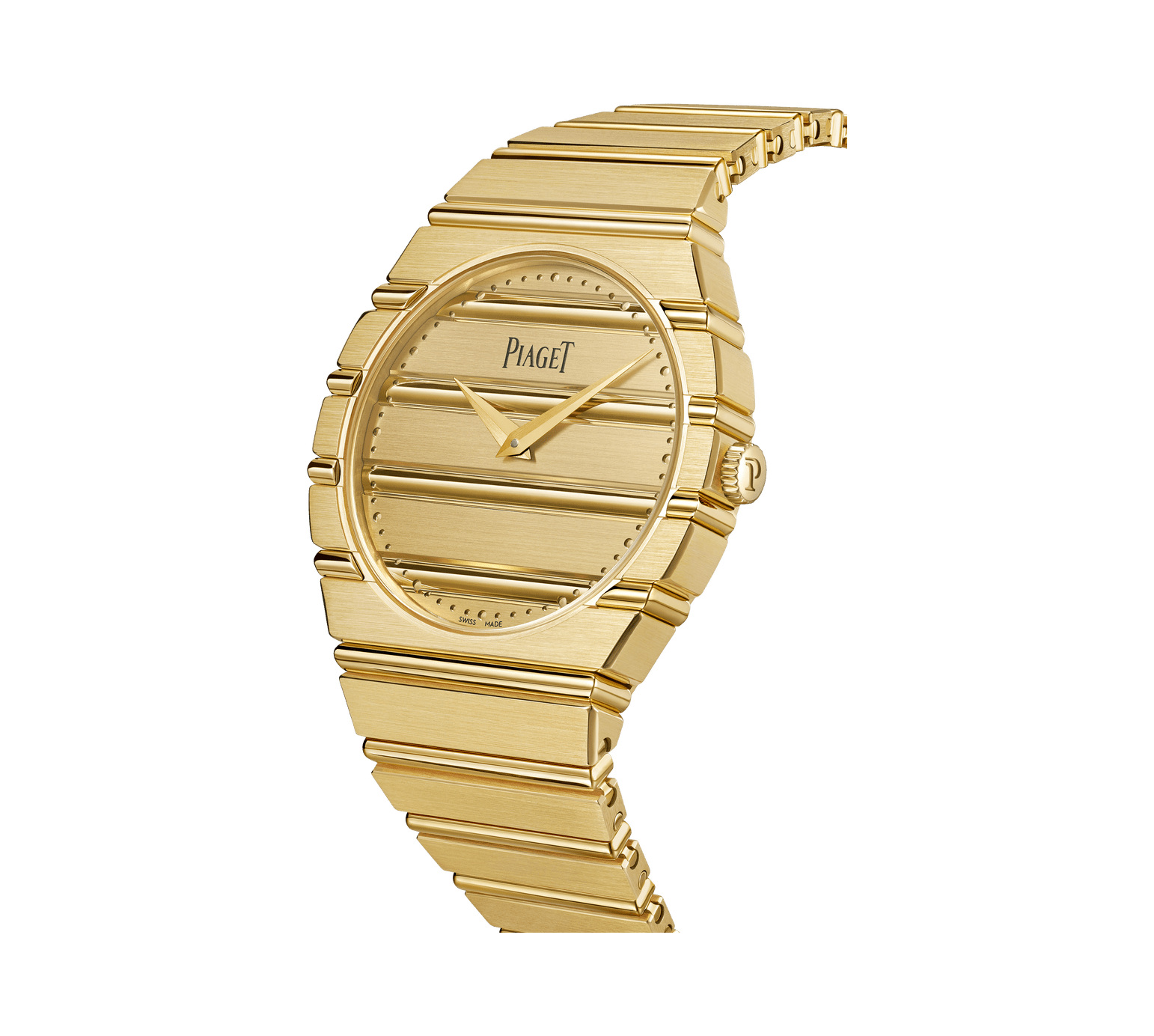 Piaget Polo 79: The Bracelet Draws the Dial: An angled studio view of the yellow-gold Polo 79. Official illustration; not a private object or commissioned examination.