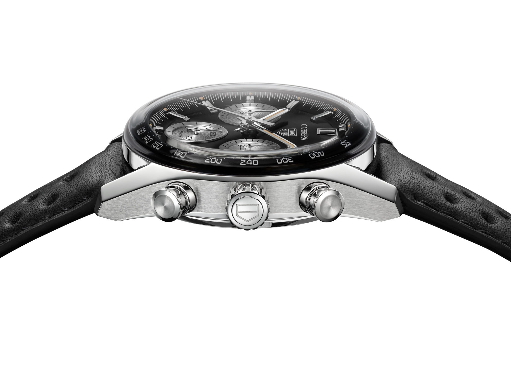 The Carrera Glassbox in profile, showing its raised crystal and controls.