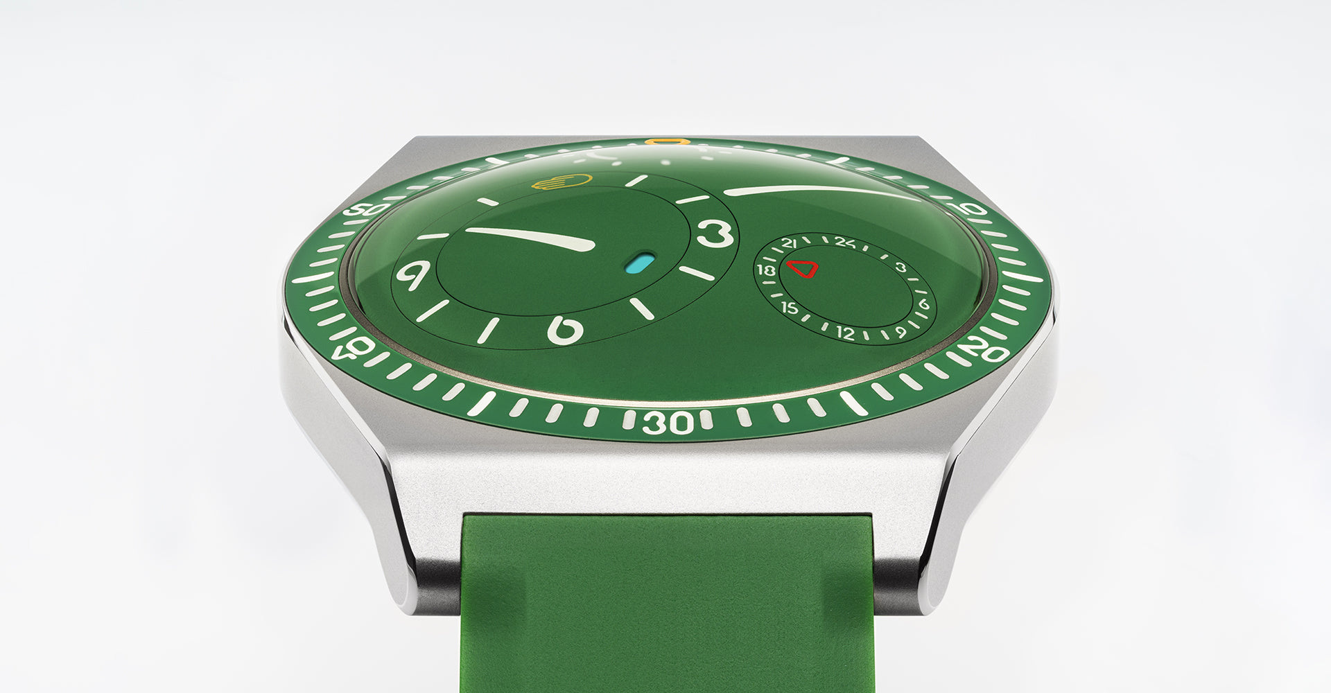The Cactus green TYPE 7 display and upper case viewed obliquely.