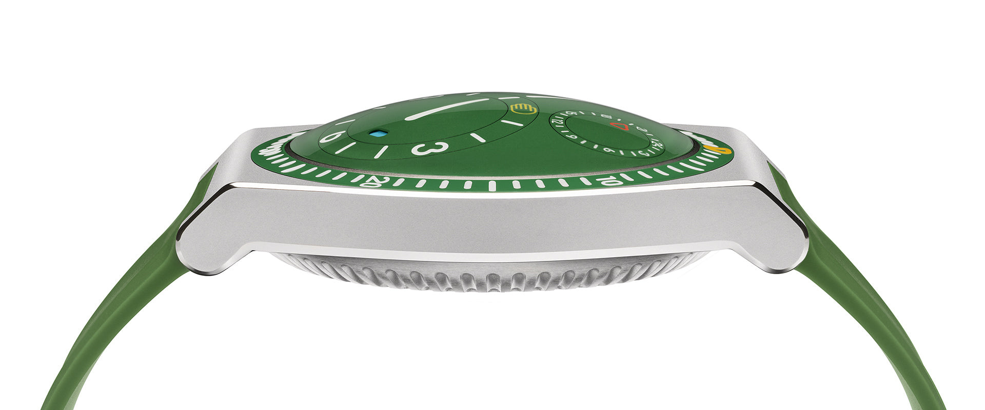 Side profile of the Cactus green TYPE 7 with its rubber strap.