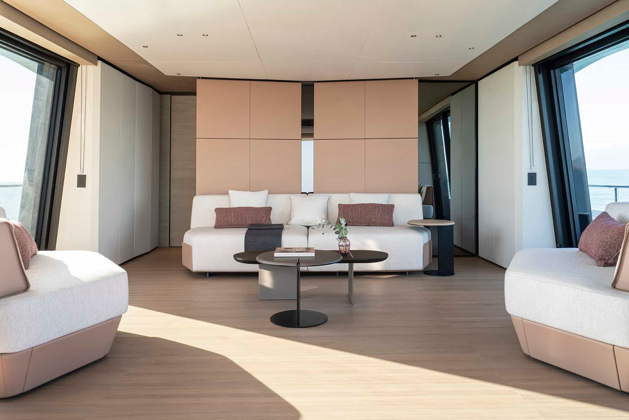 Pale seating and long views in the current Grande 36M interior presentation.
