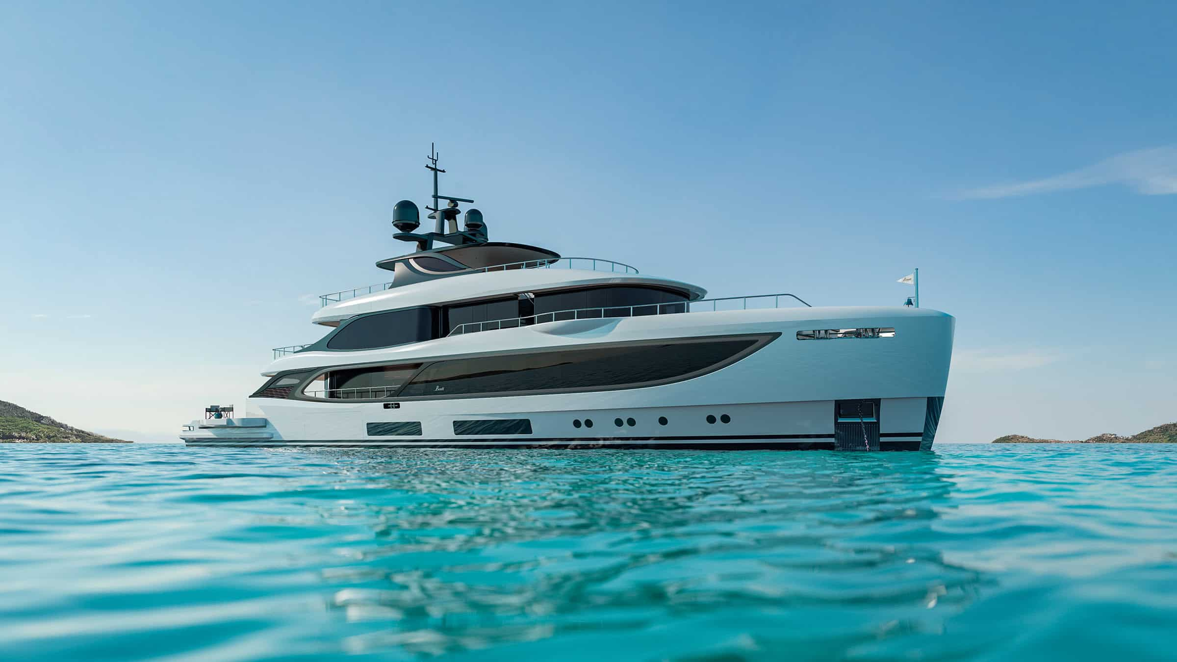 Official project visualisation of Benetti Oasis 42M, viewed from the water.