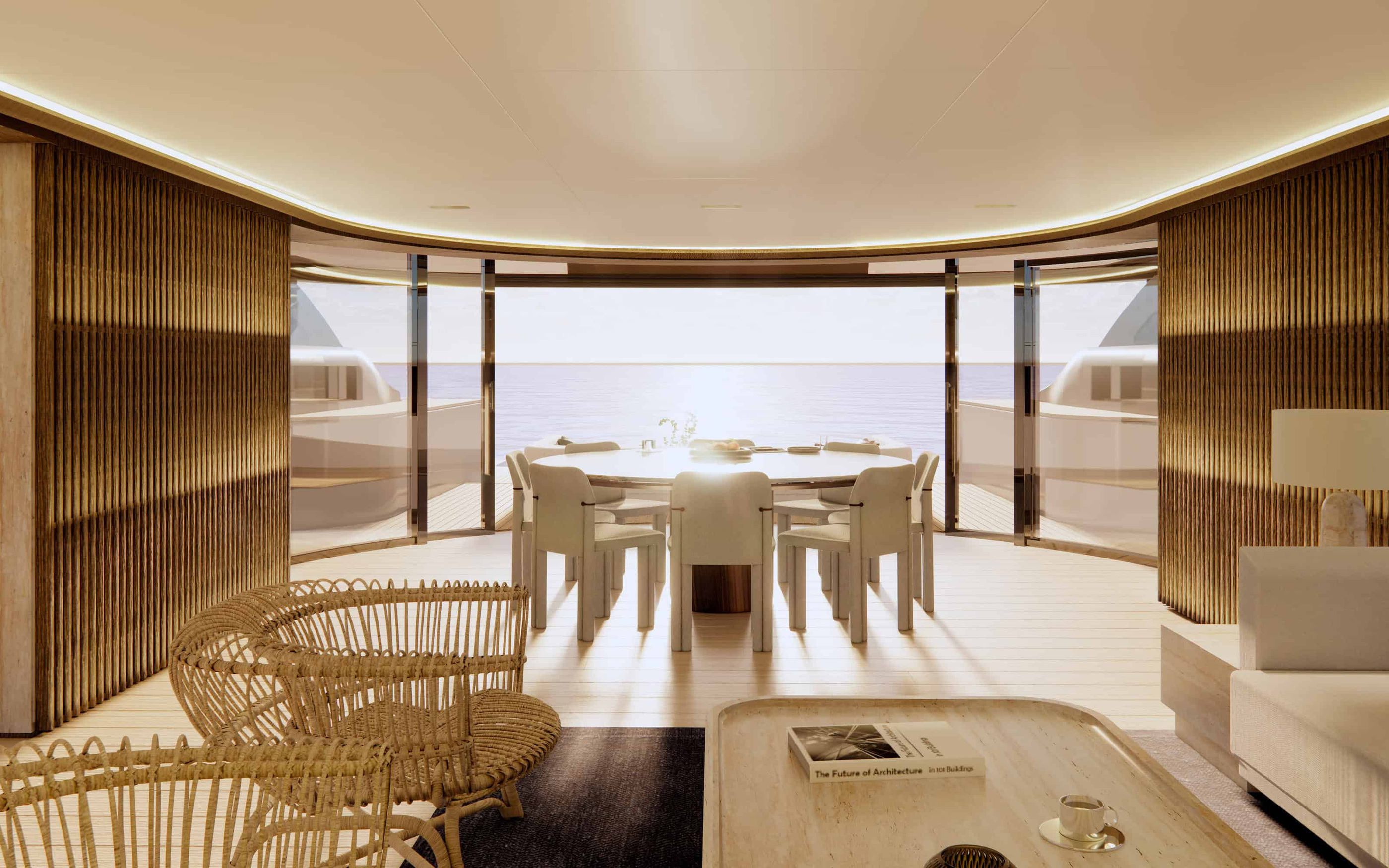 Oasis 42M official interior visualisation looking towards the aft deck.